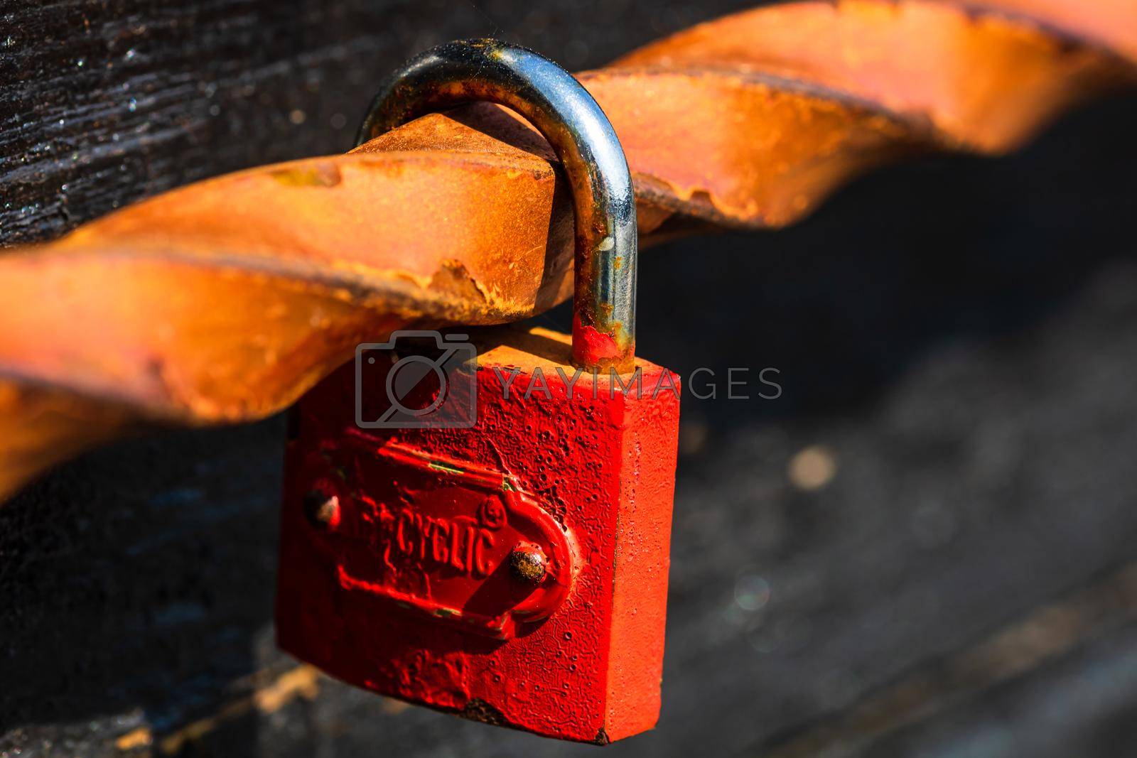 Royalty free image of Love symbol, old rusty padlocks hanging on wooden fortress bridge in Alba Iulia, Romania, 2021 by vladispas