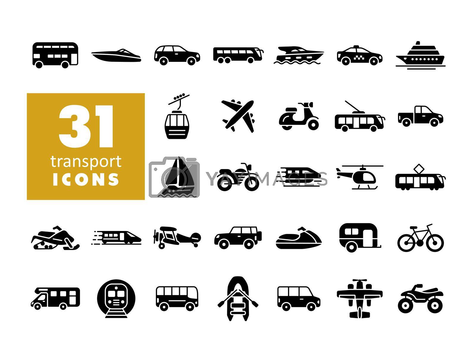 Transportation vector flat glyph icon set. Graph symbol for travel and tourism web site and apps design, logo, app, UI