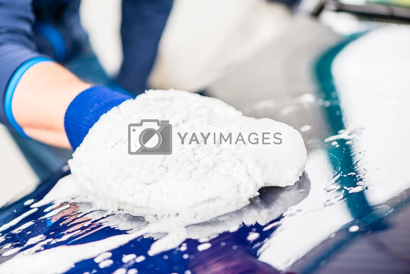 Royalty free image of Close-up of hand wiping car with microfiber wash mitt by Kzenon