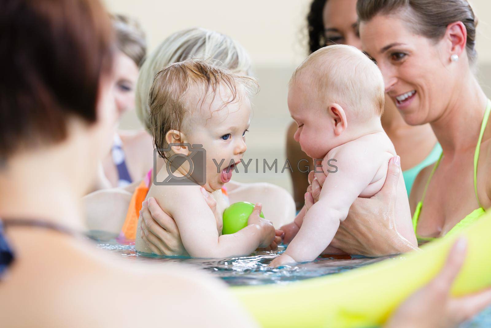 Royalty free image of Mothers being happy about their babies playing with each other by Kzenon