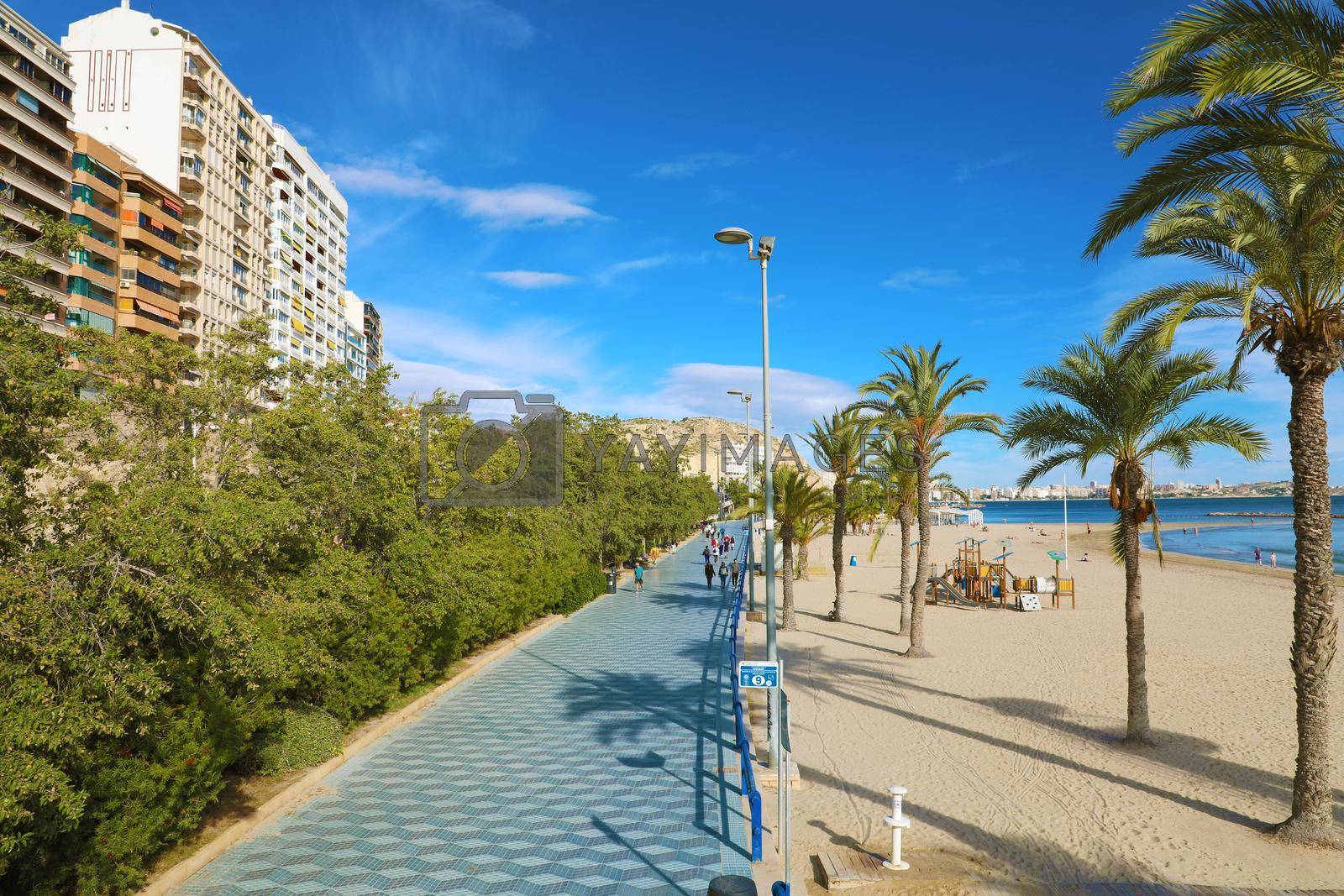 ALICANTE, SPAIN - NOVEMBER 29, 2019: Alicante promenade Paseo de Gomiz with Playa del Postiguet beach, Spain