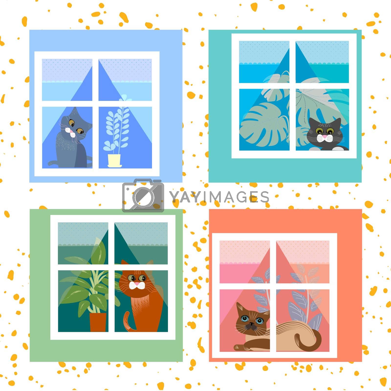 Vector image of multicolored Windows on the facade of the house where colored cats sit. Pets living in the neighborhood, bored outside the Windows.