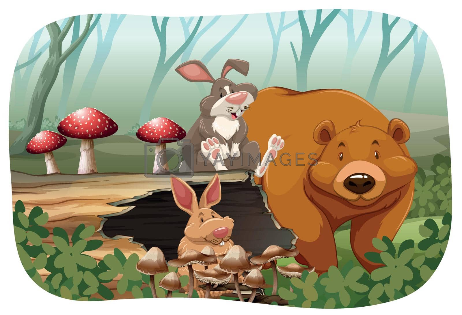 Wild animals in the forest with logs and musrooms around