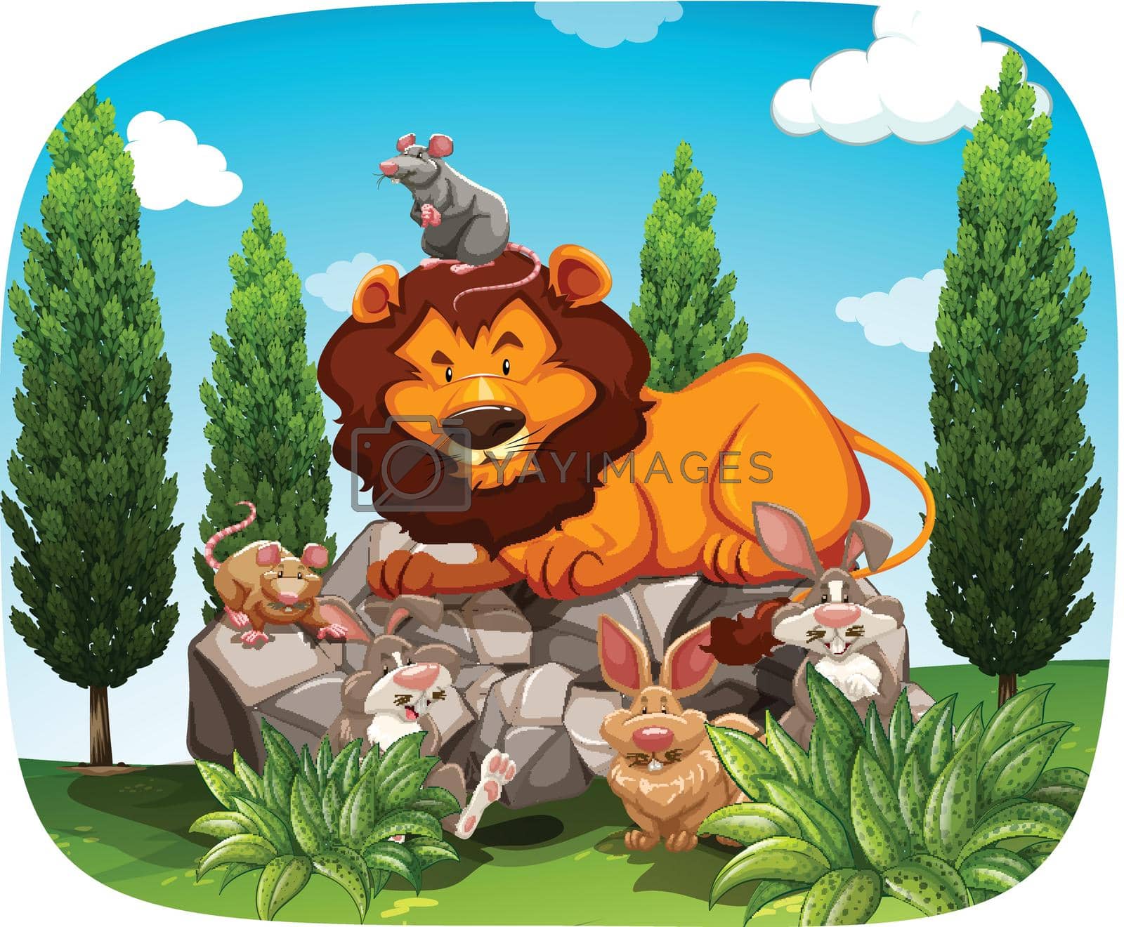 Poster of a mouse sitting on lion's head and few rabbits around