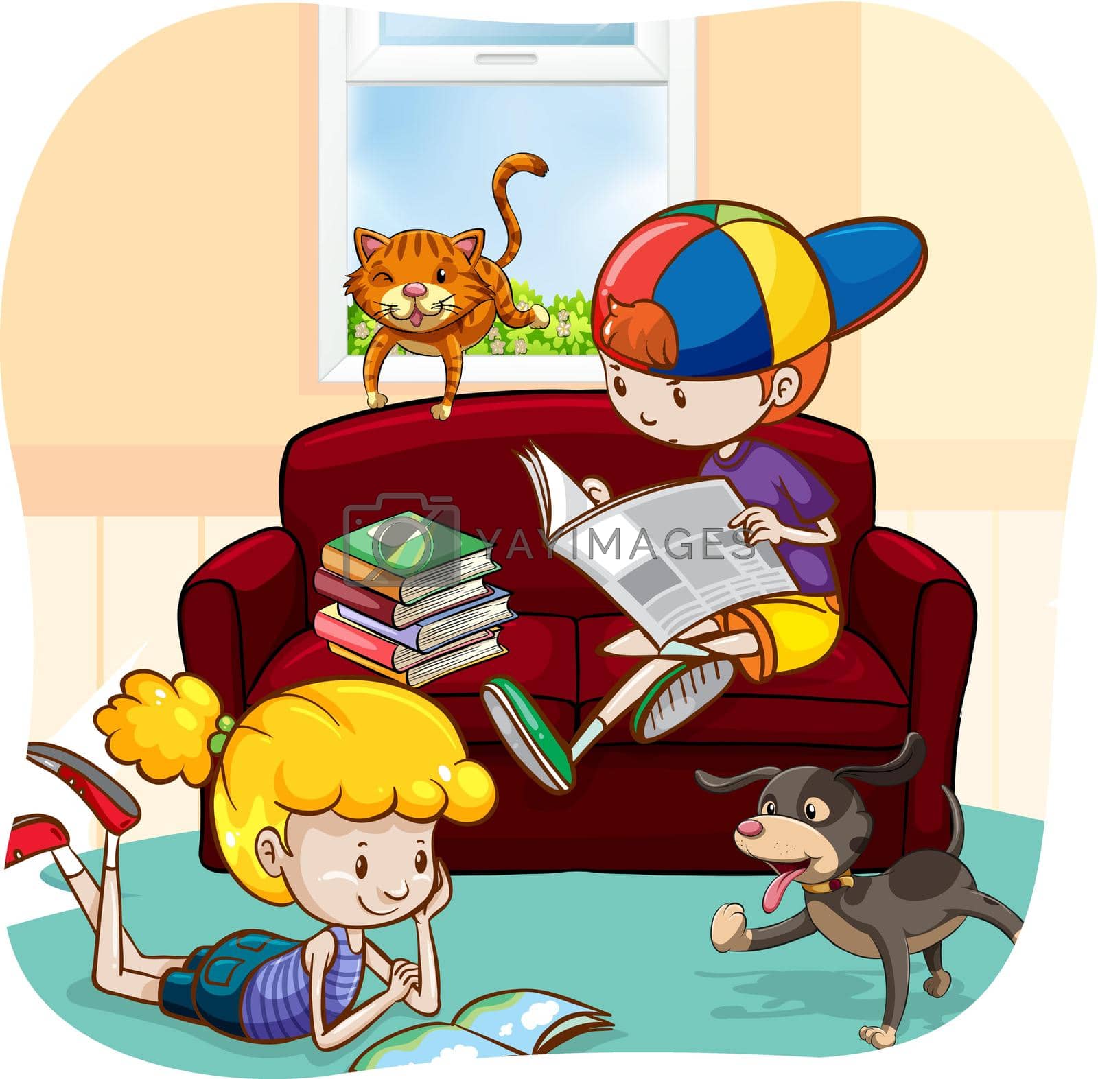 Boy and a girl reading books and newspaper with pets walking around