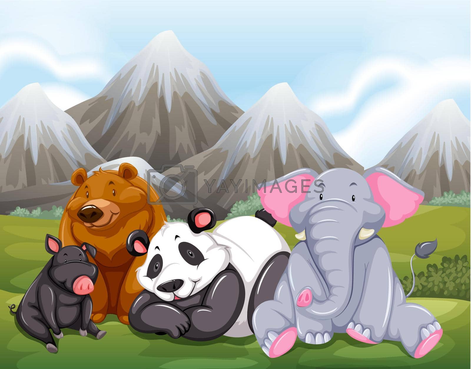 Animals sitting on grass with mountain view behind