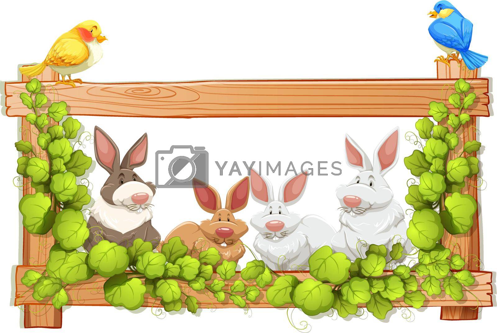 Two birds and four rabbits with wooden frame