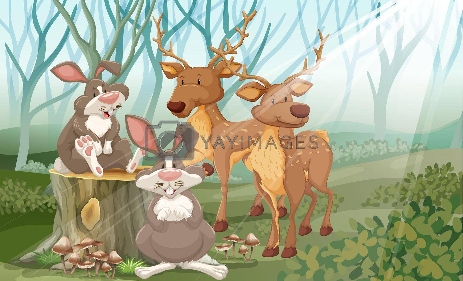 Rabbits and deer in a forest