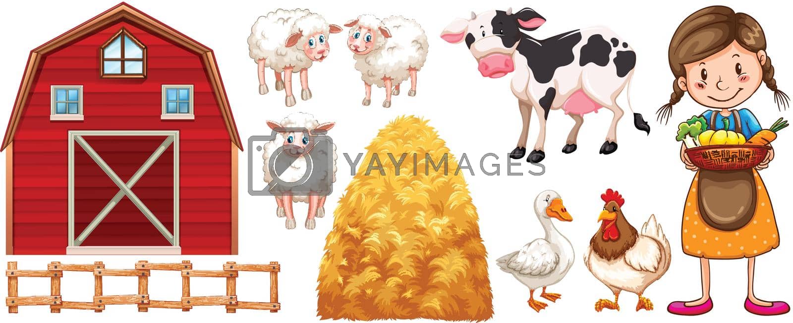 Farmer and farm animals illustration