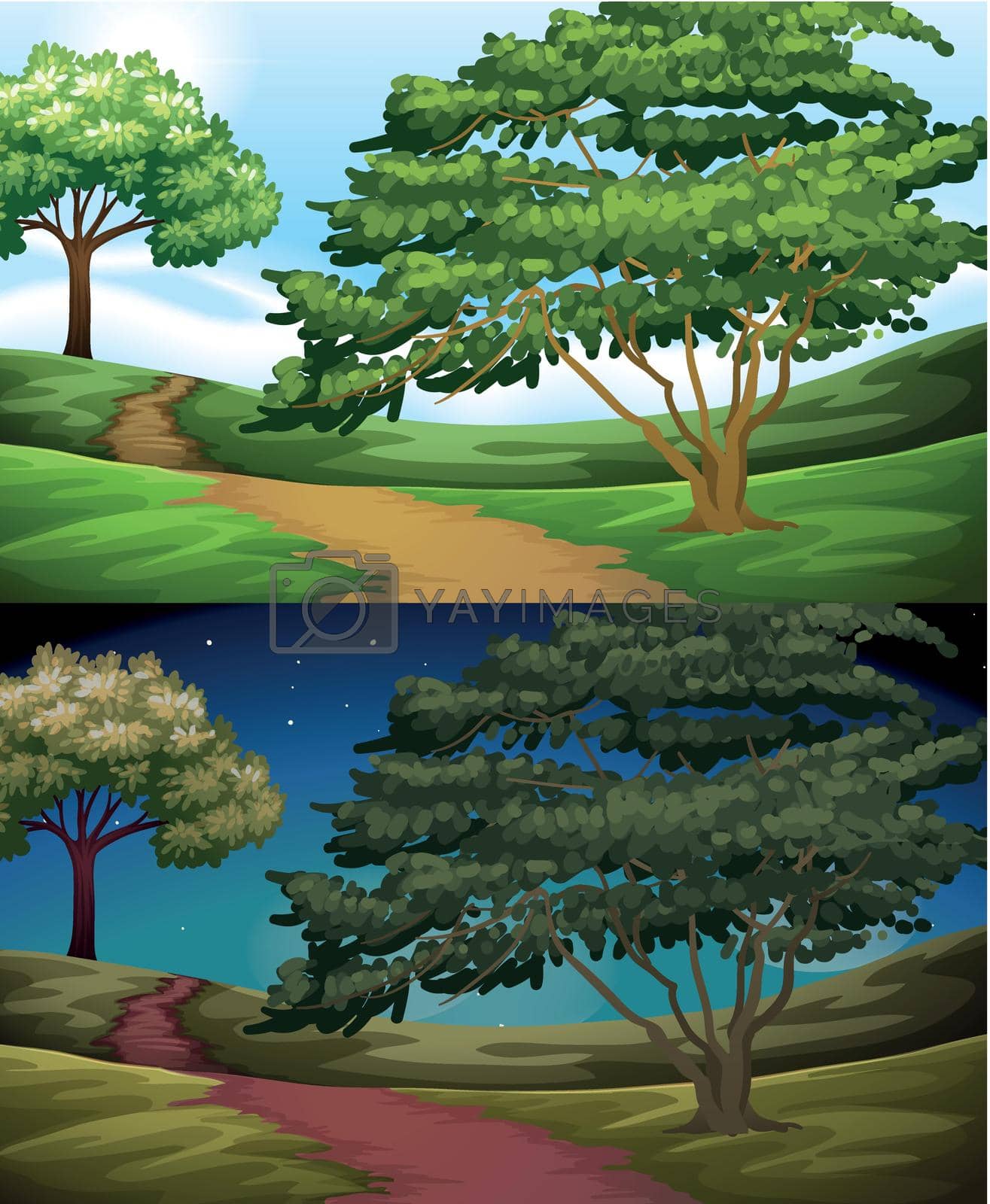 Nature scene of the countryside at day and night illustration