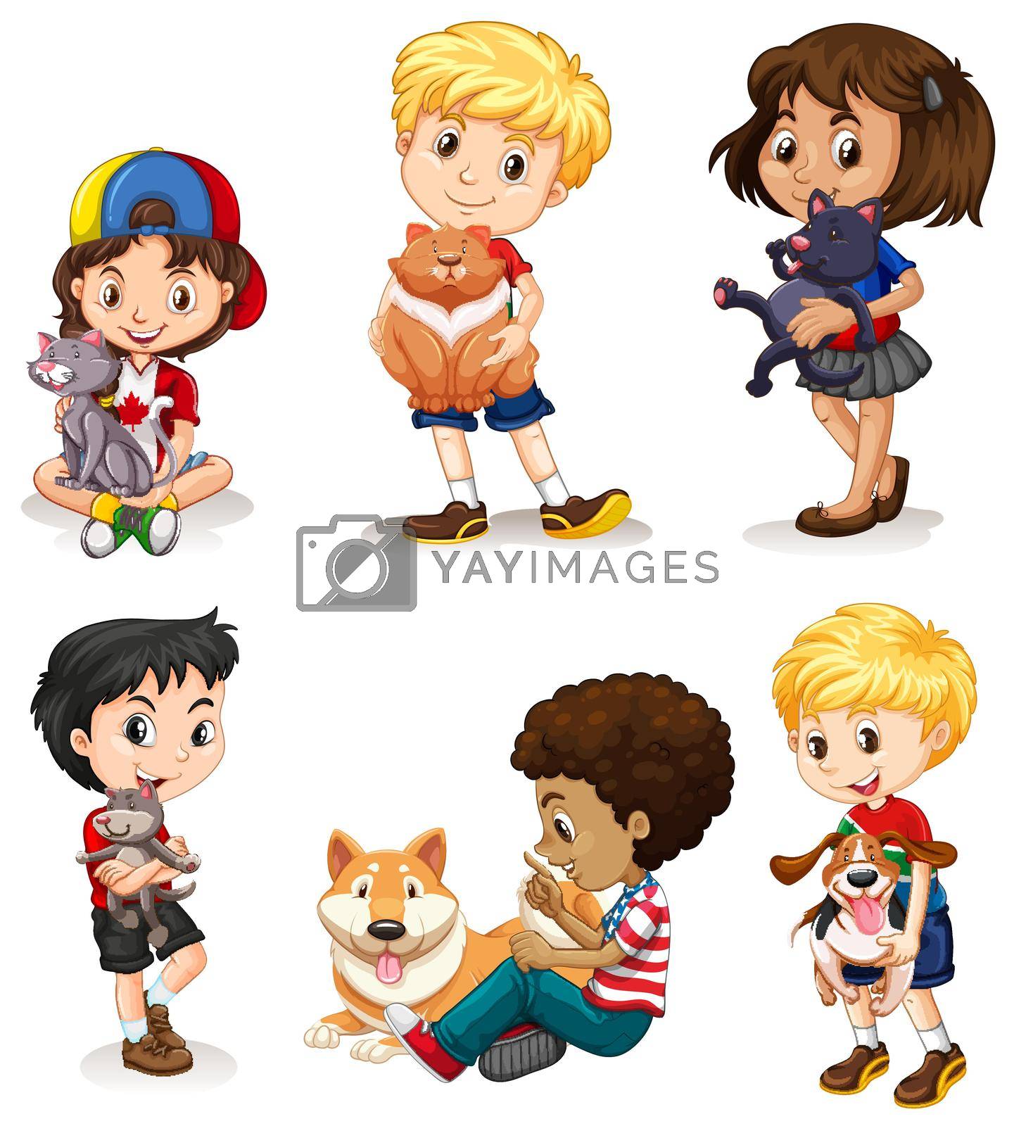 Boys and girls with their pets illustration