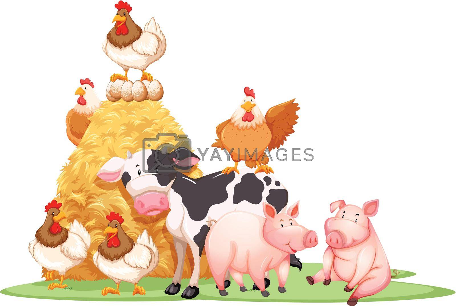 Farm animals with haystack illustration