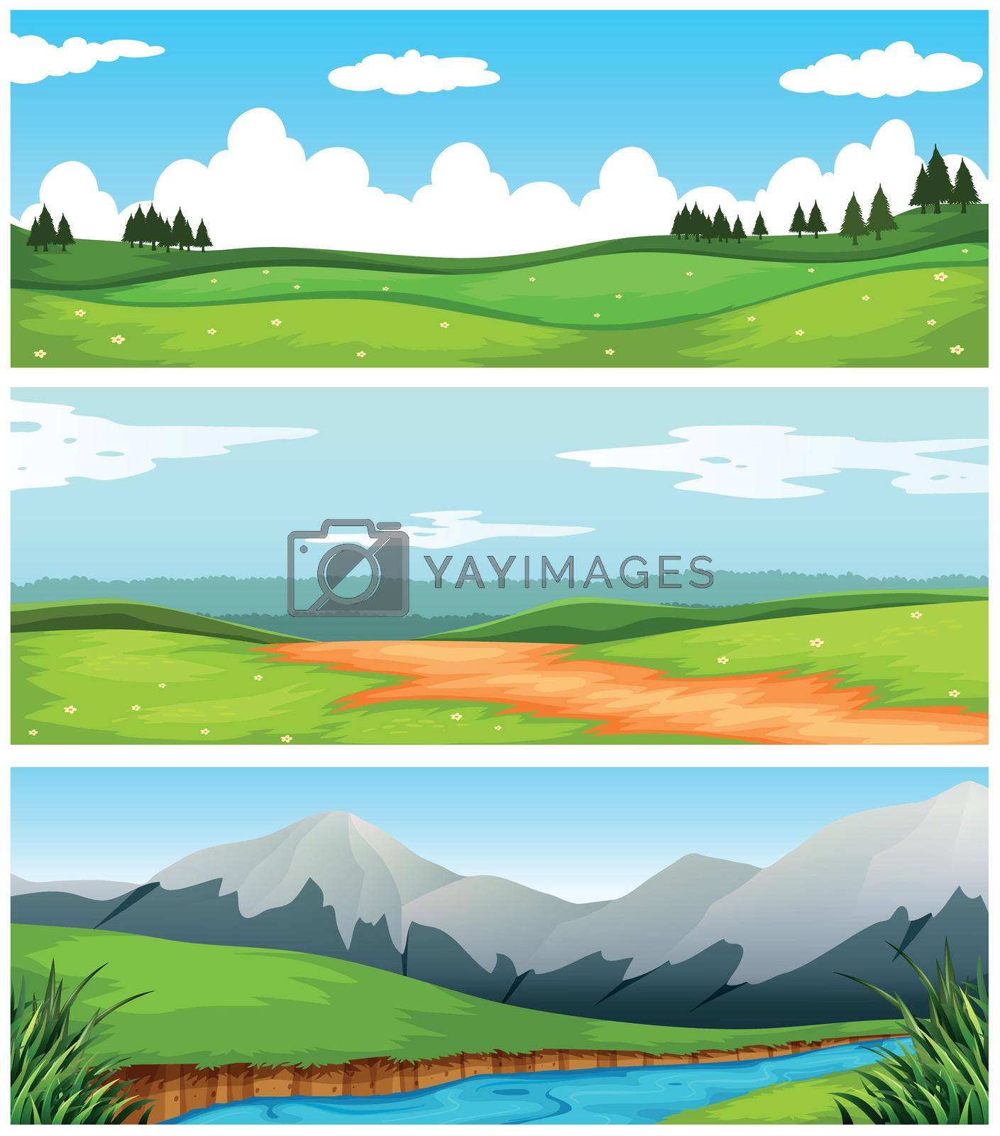 Scenes with field and road in countryside illustration