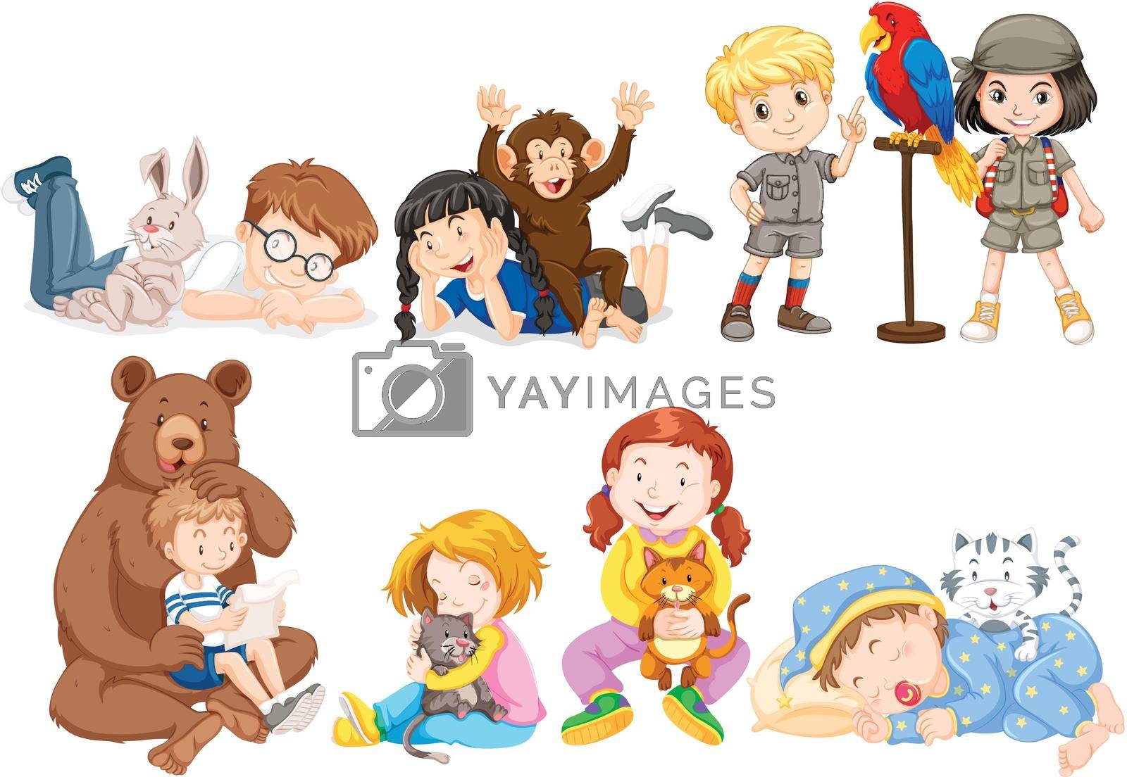 Children and many kinds of pets illustration