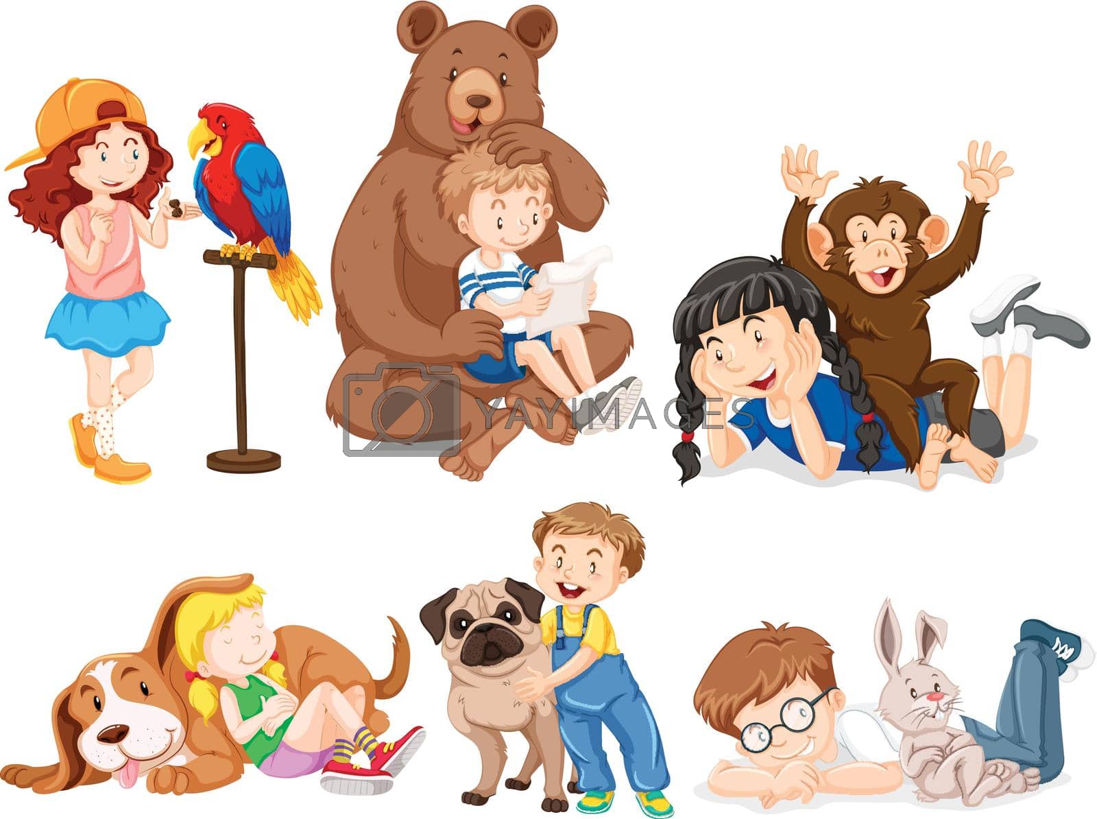 Children with wild animals illustration