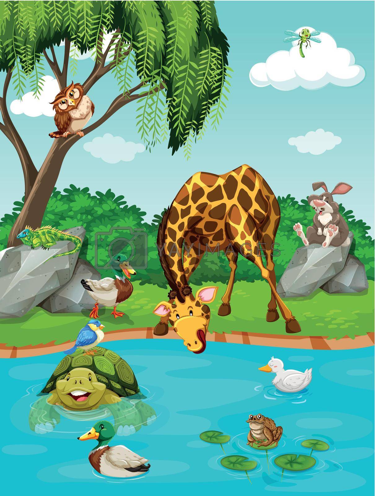 Wild animals by the river illustration