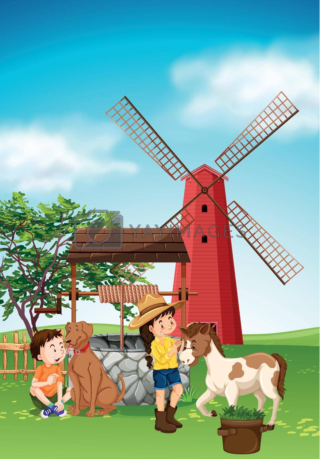 Kids and animals in the farmyard illustration