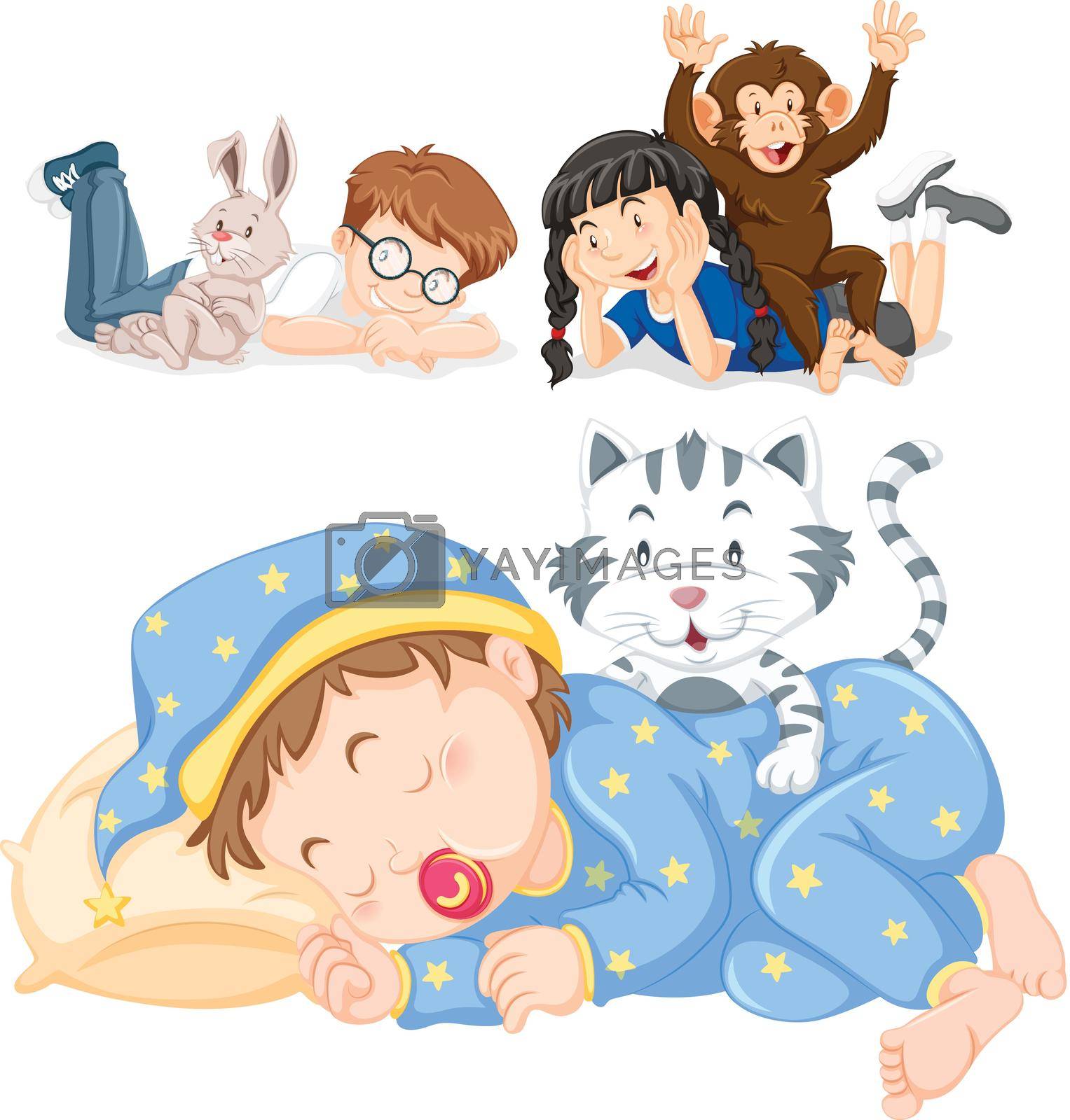 Children and their pets illustration