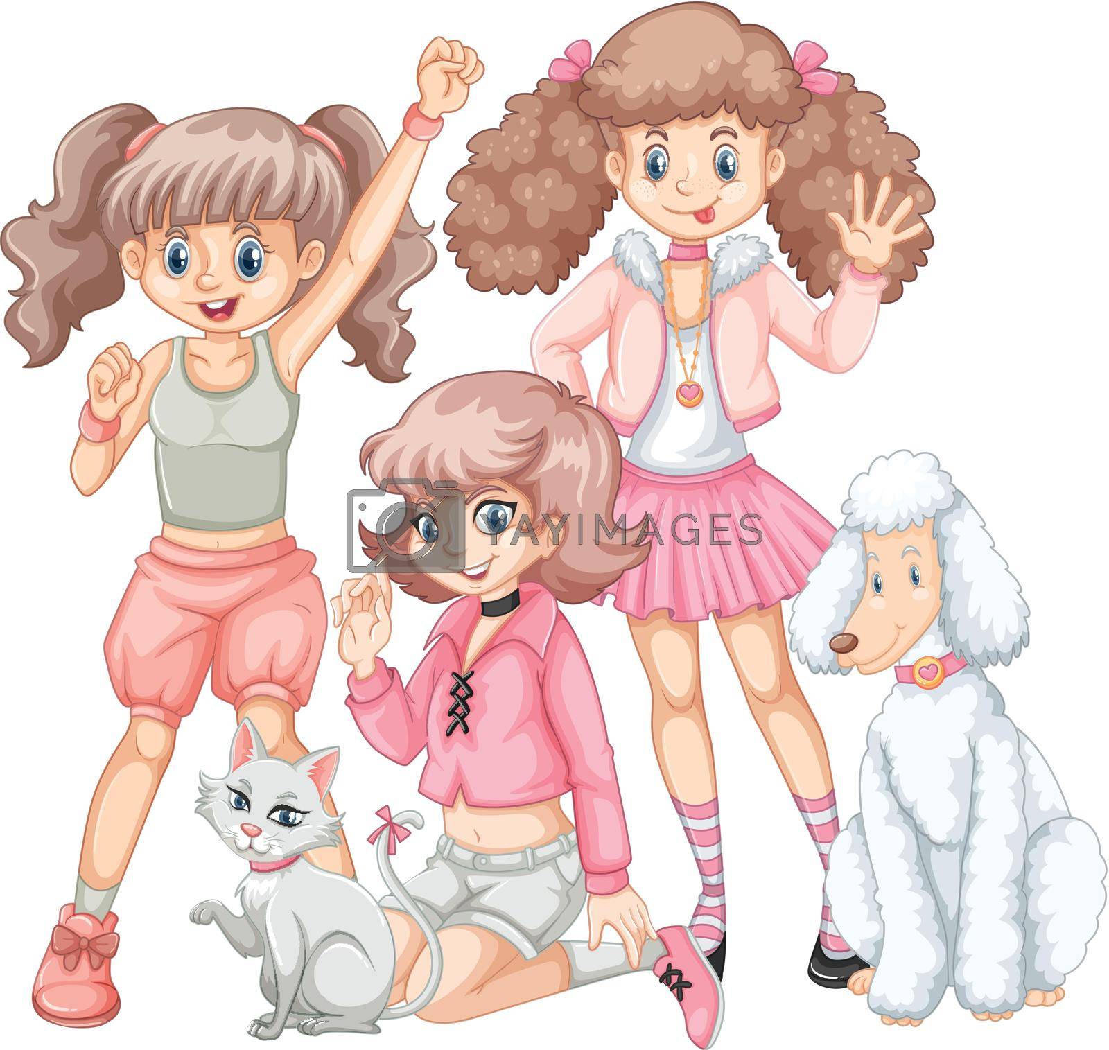 Group of girls and pets illustration