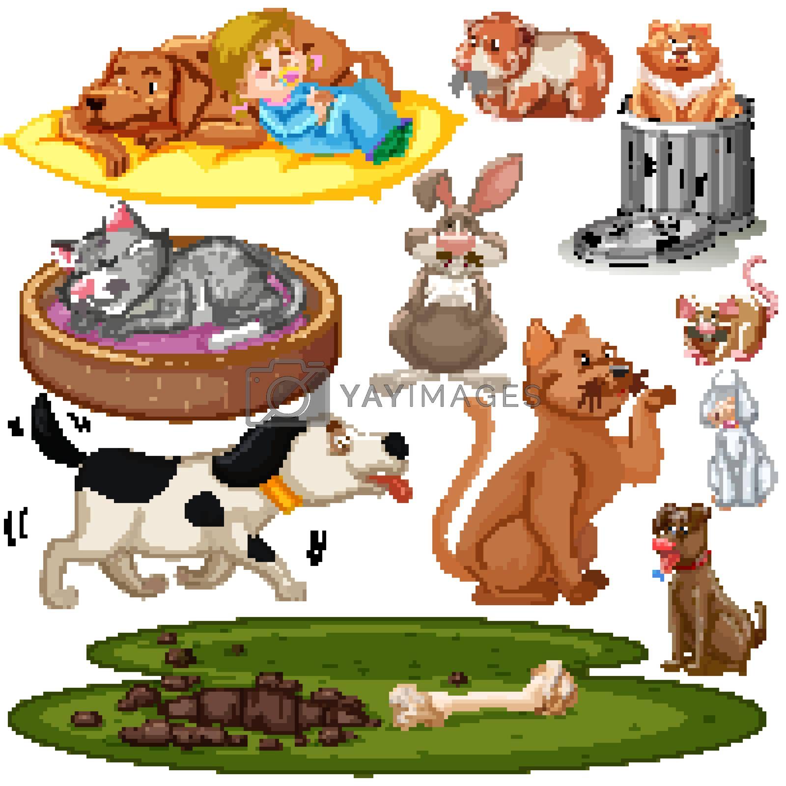 Set of isolated kid and pets illustration