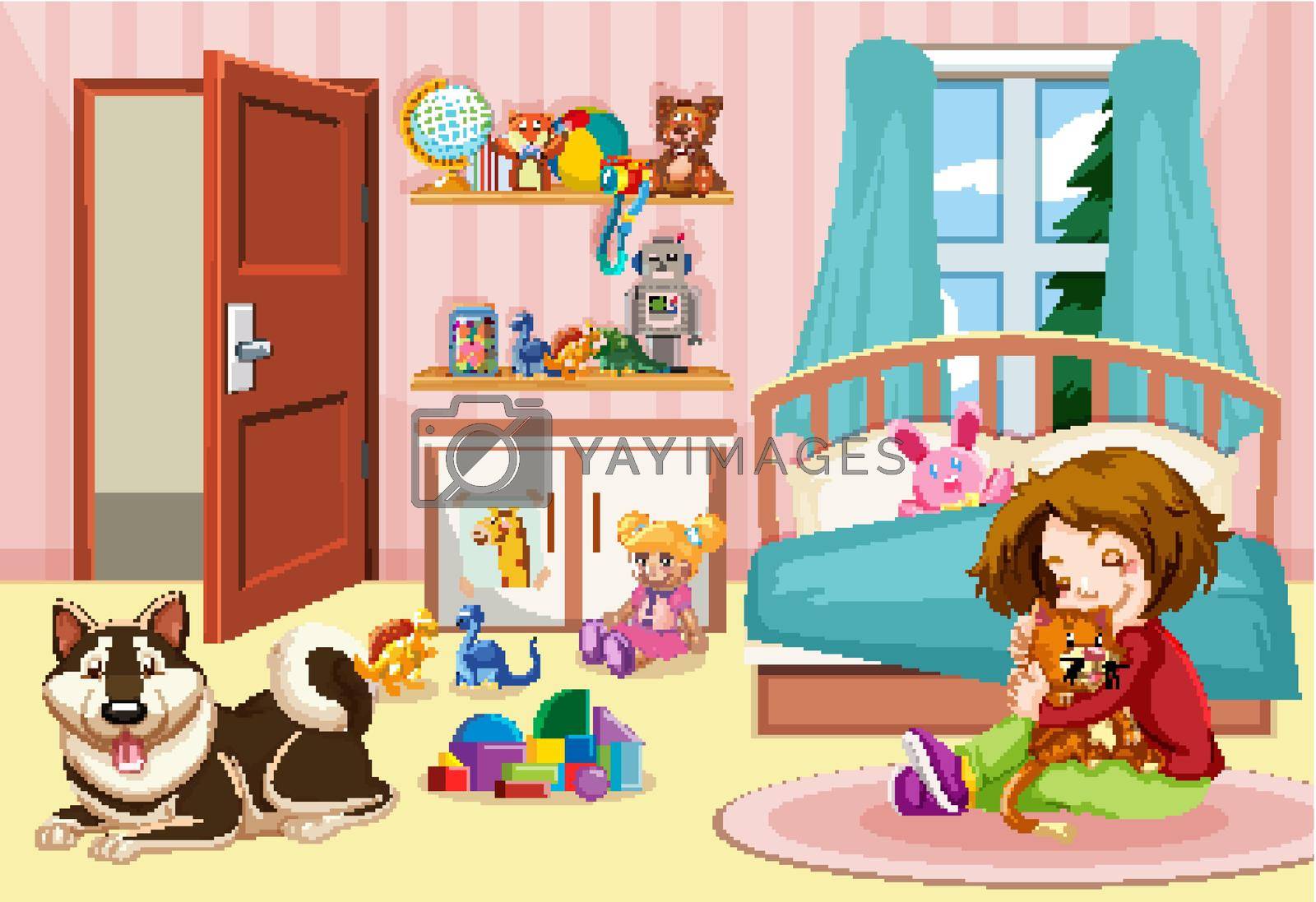 Girl and pets in bedroom illustration