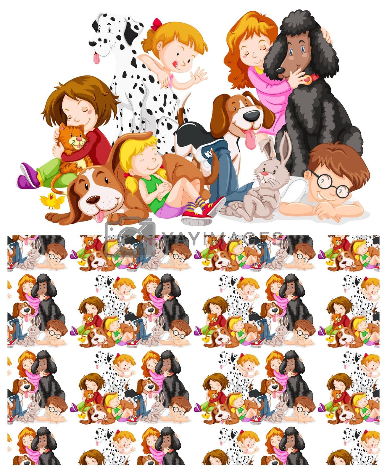 Seamless background design with kids and pets illustration
