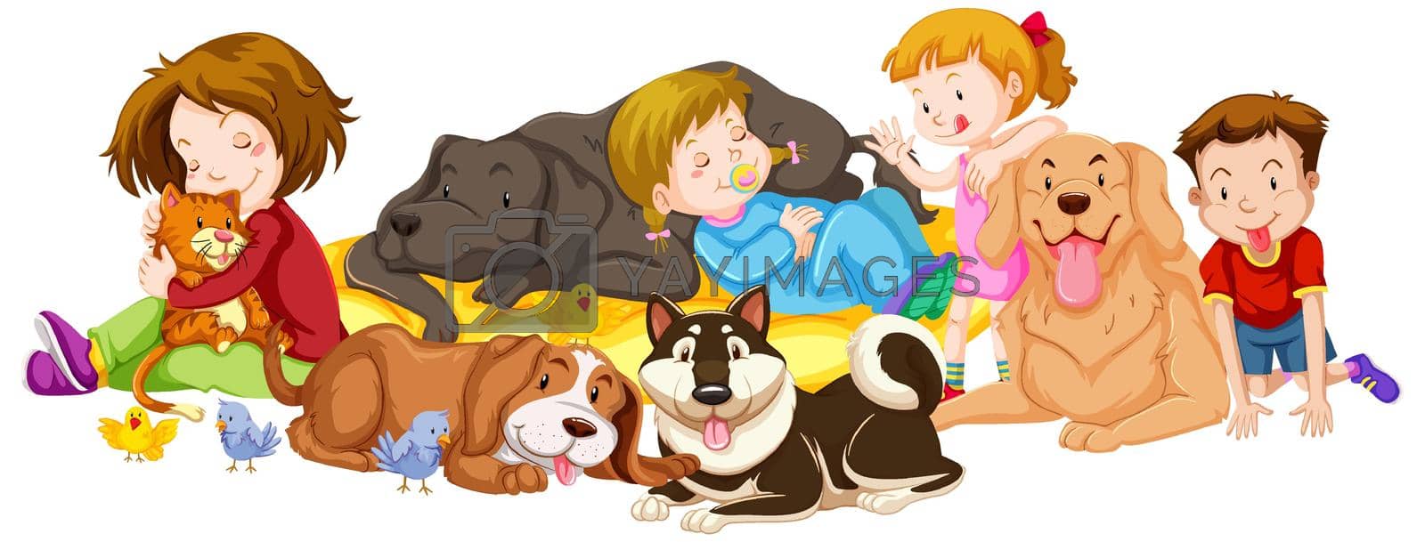 Many kids and pets on white background illustration