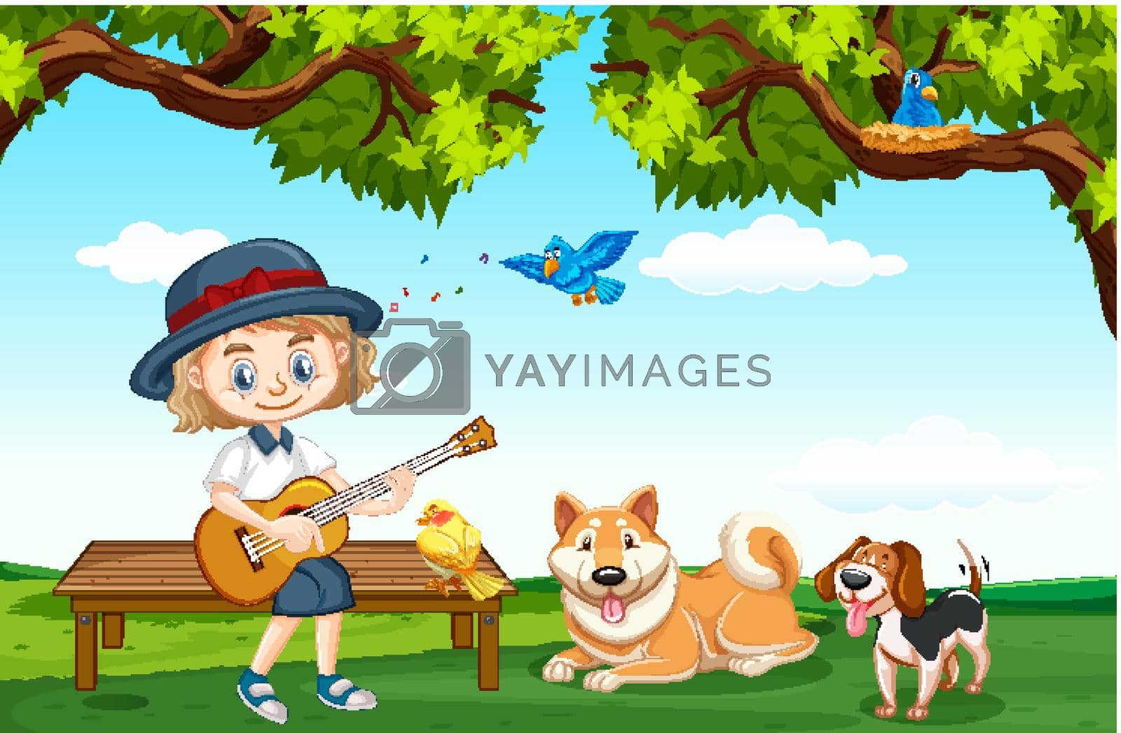 Scene with cute girl and many pets in the park illustration