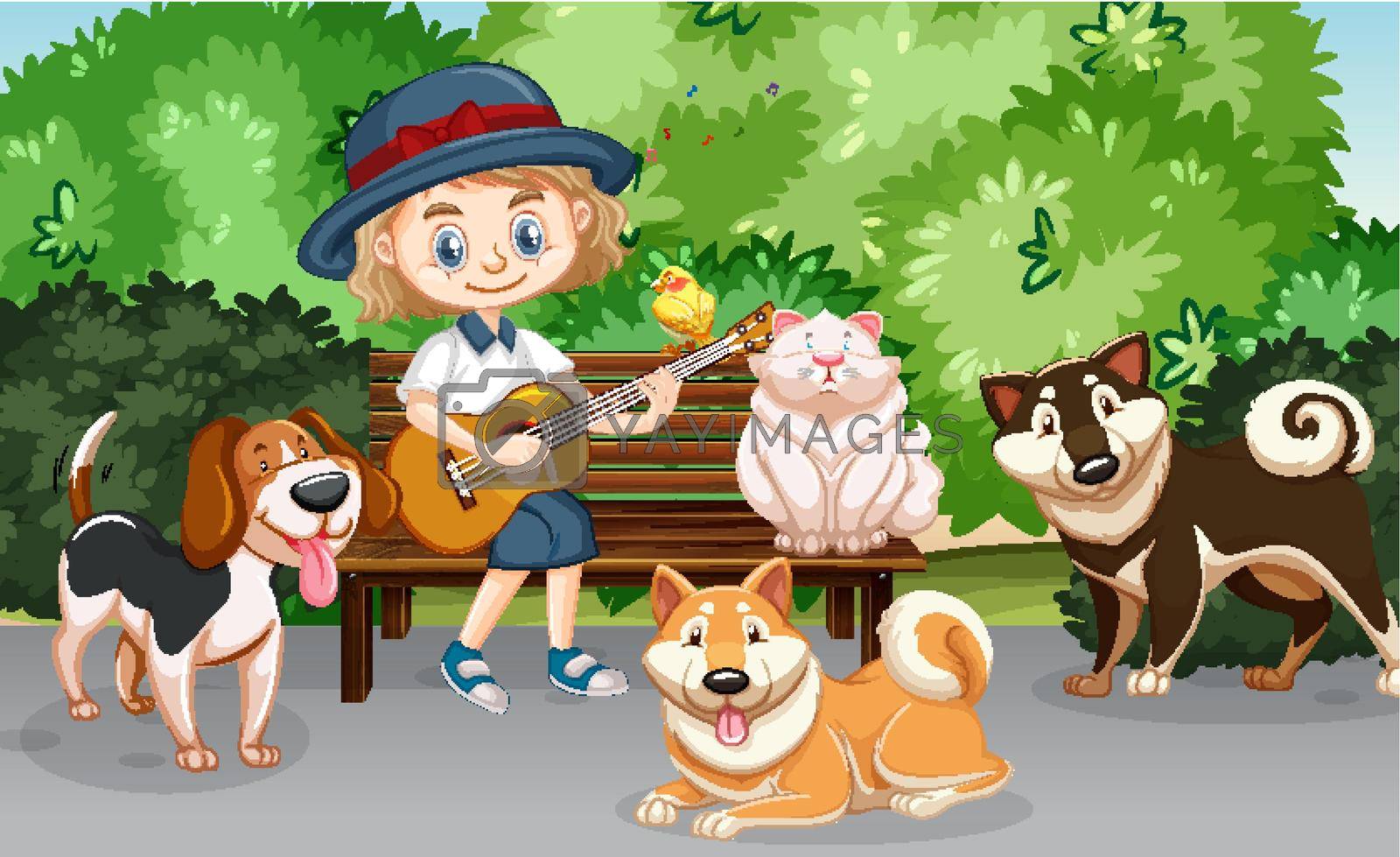 Scene with cute girl playing guitar and many pets in the park illustration