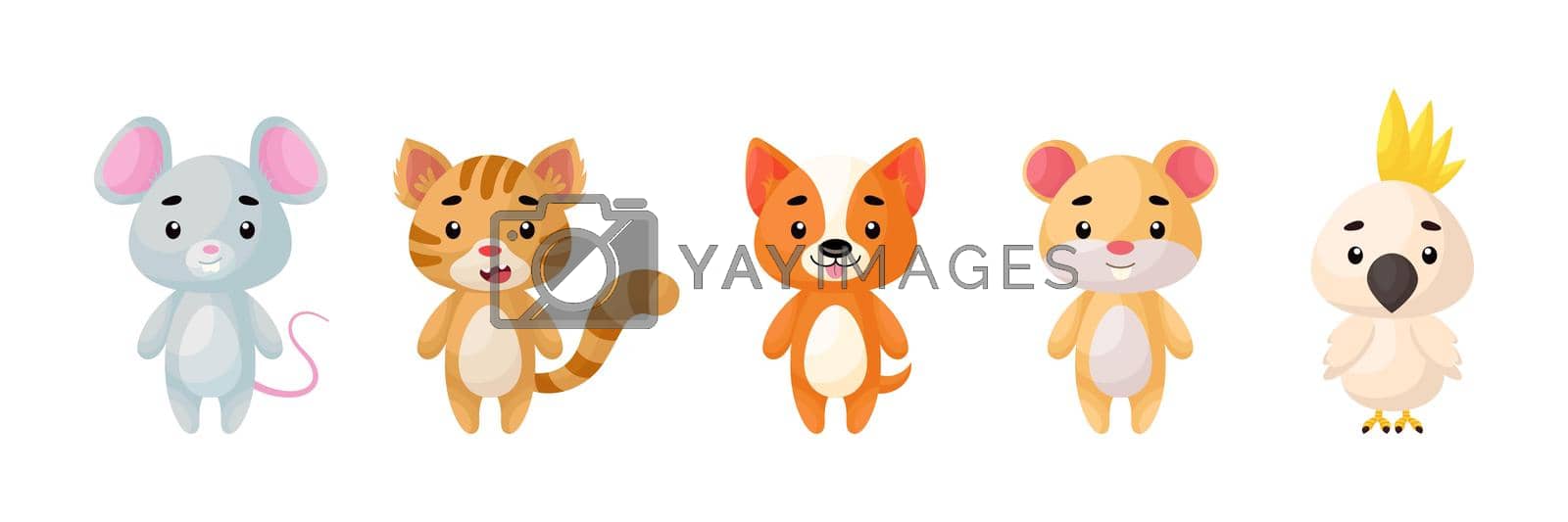 Cute pets animals set. Collection funny animals characters for kids cards, baby shower, birthday invitation, house interior. Bright colored childish vector illustration.