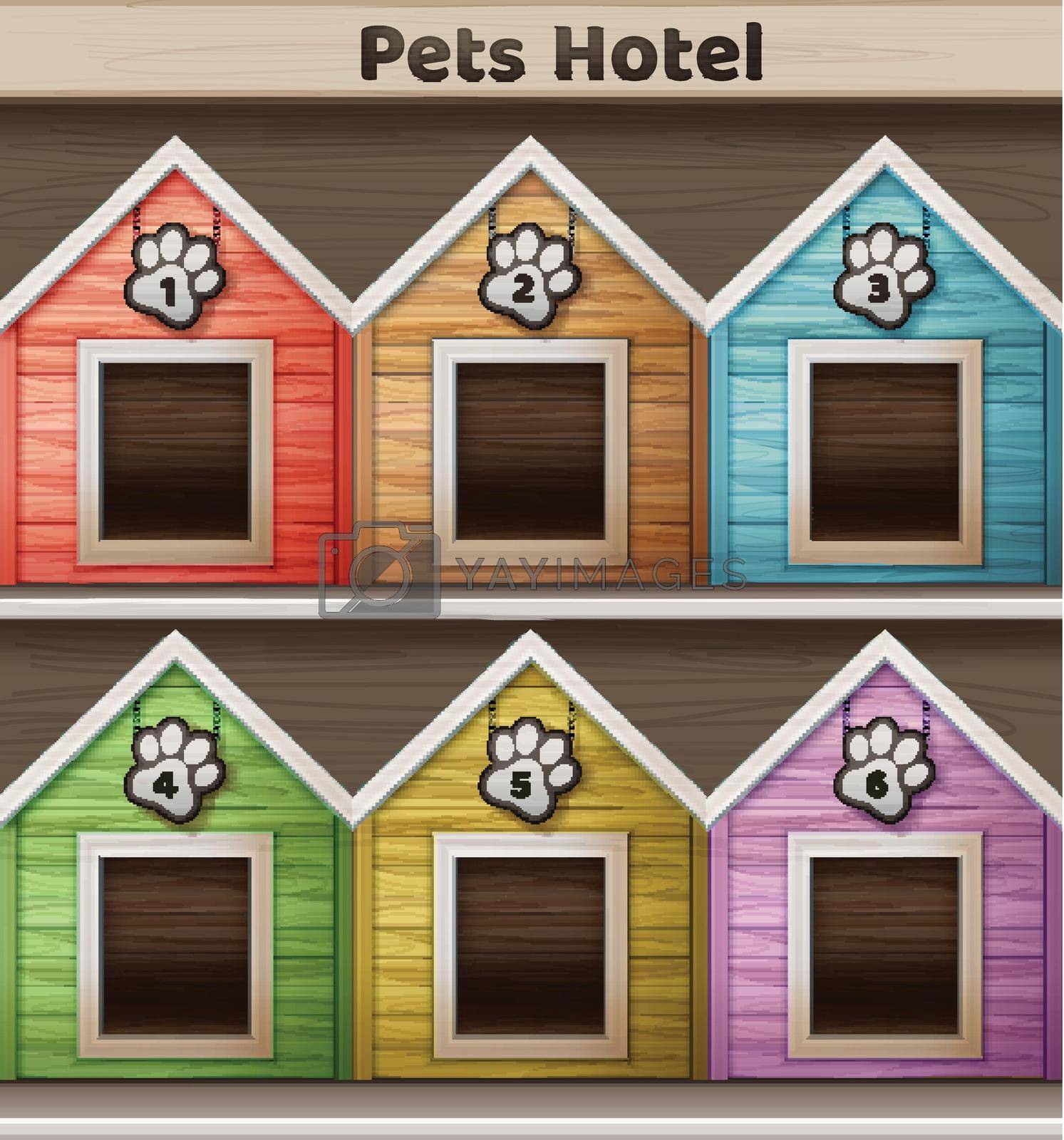 Vector illustration of hotel for pets, colored doghouse isolated on background