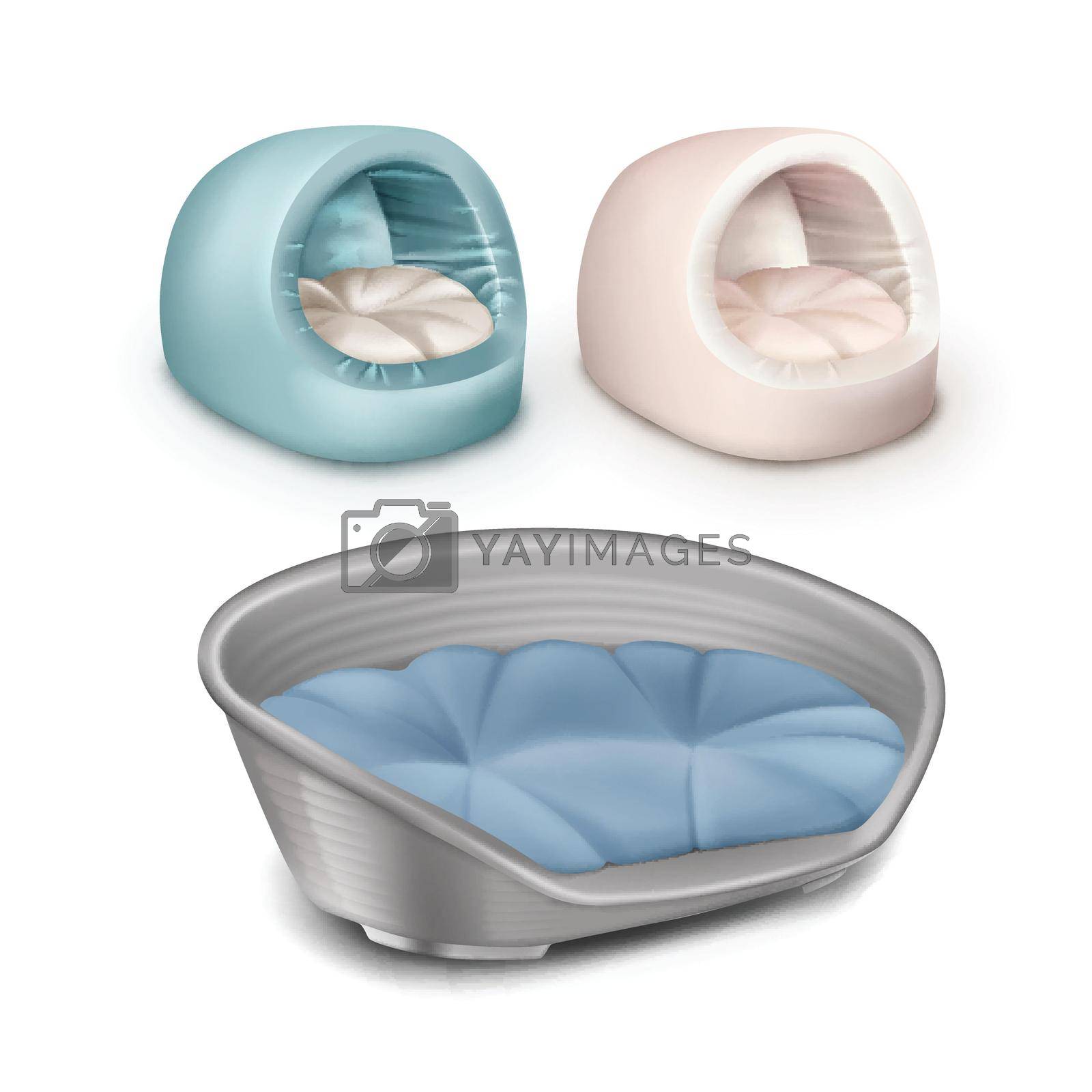 Vector soft pet houses and plastic dog bed isolated on white background