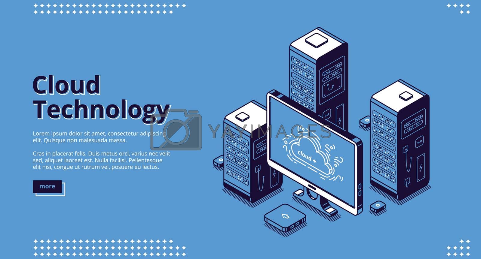 Cloud technology banner. Concept of digital information storage and network system. Vector landing page of internet service for access to server database with isometric icons of computer and hardware