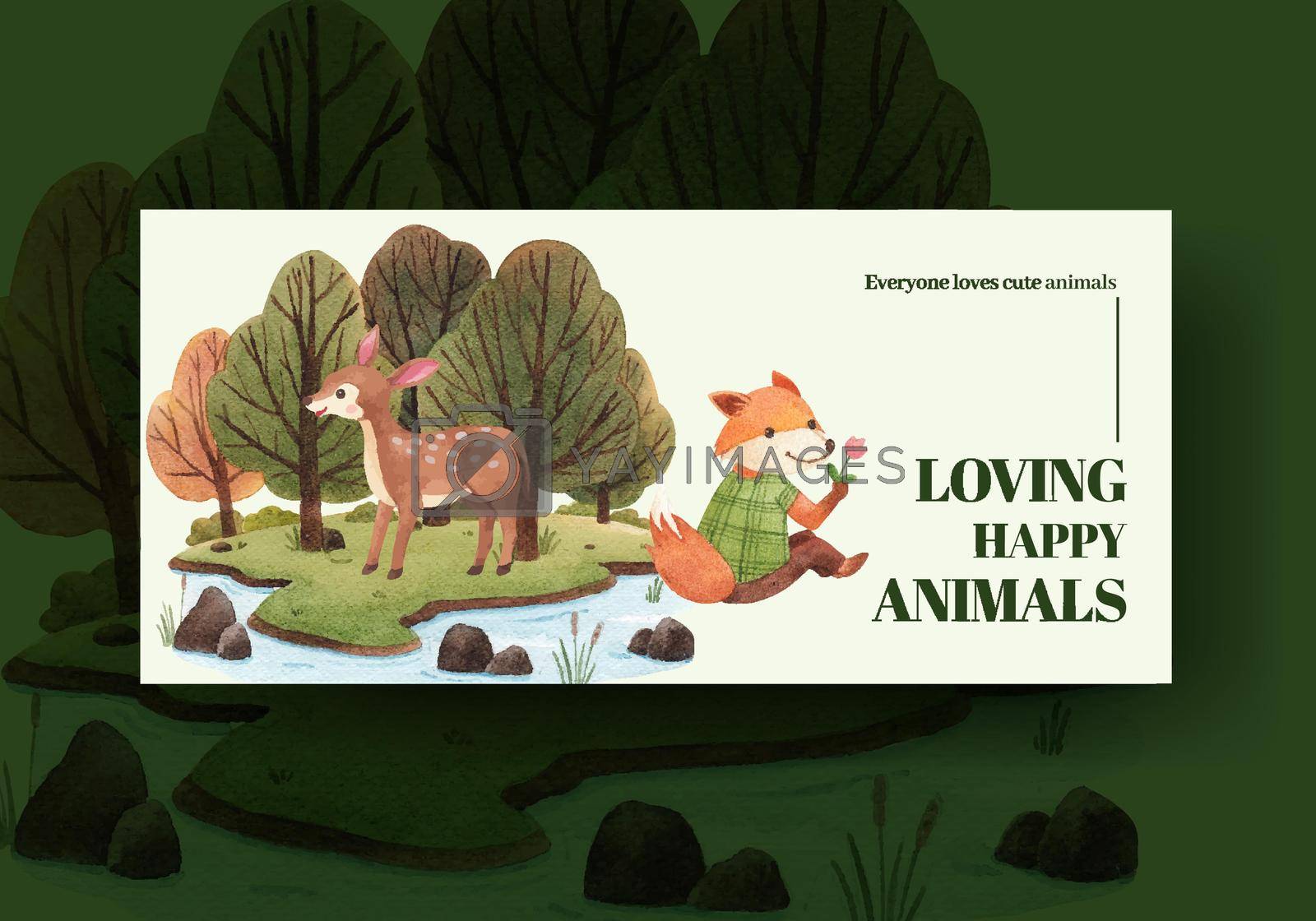  Billboard template with happy animals concept design watercolor illustration
