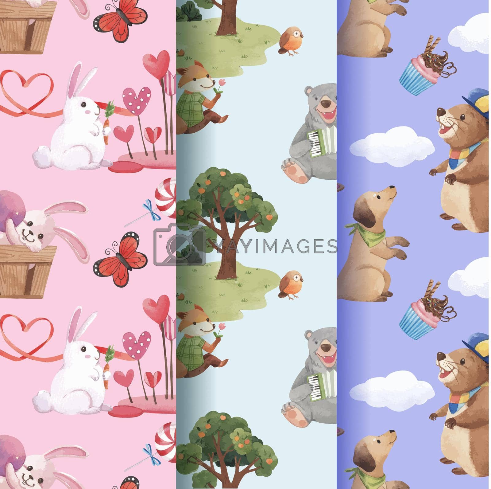 Pattern with happy animals concept design watercolor illustration
