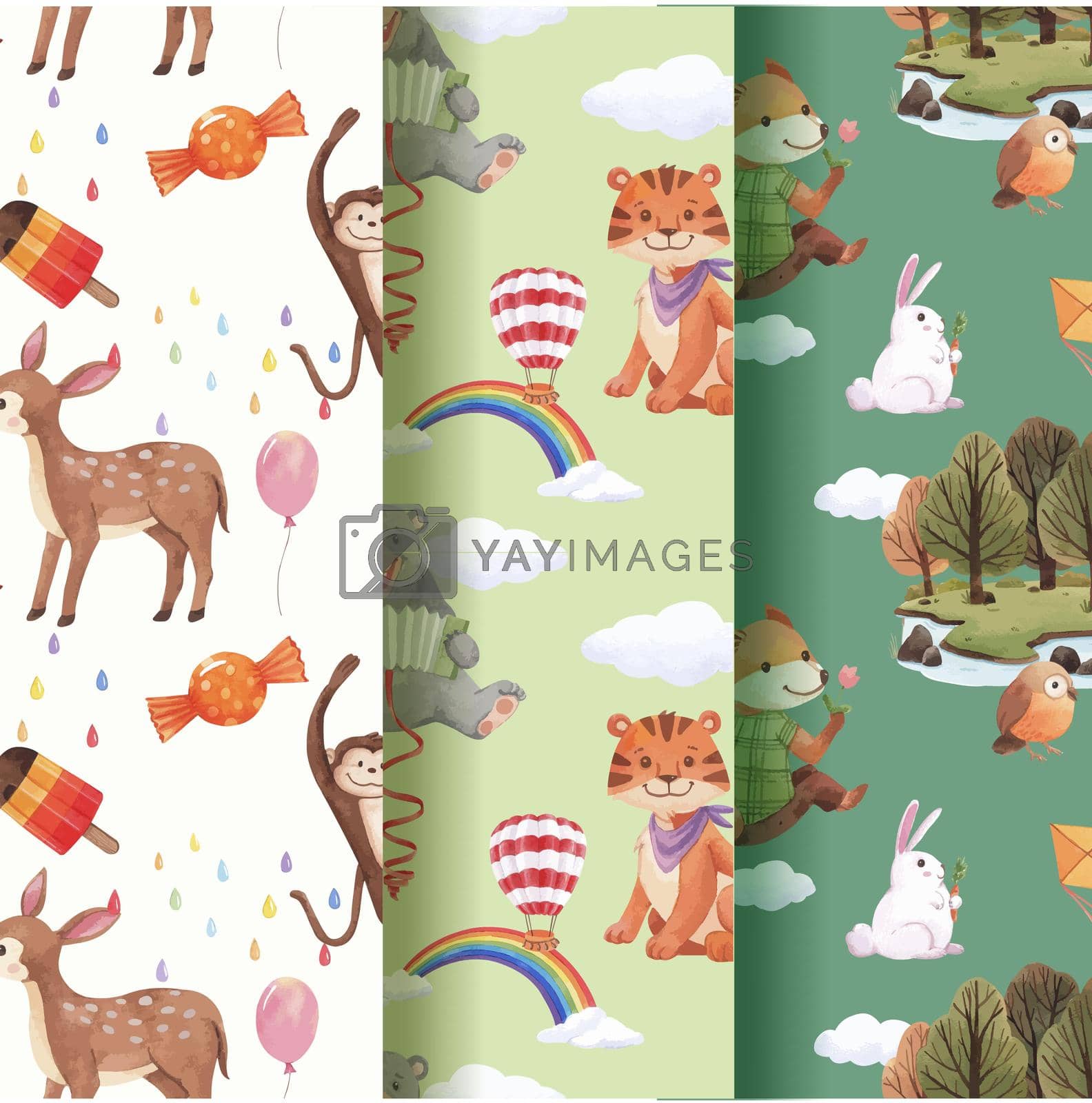 Pattern with happy animals concept design watercolor illustration
