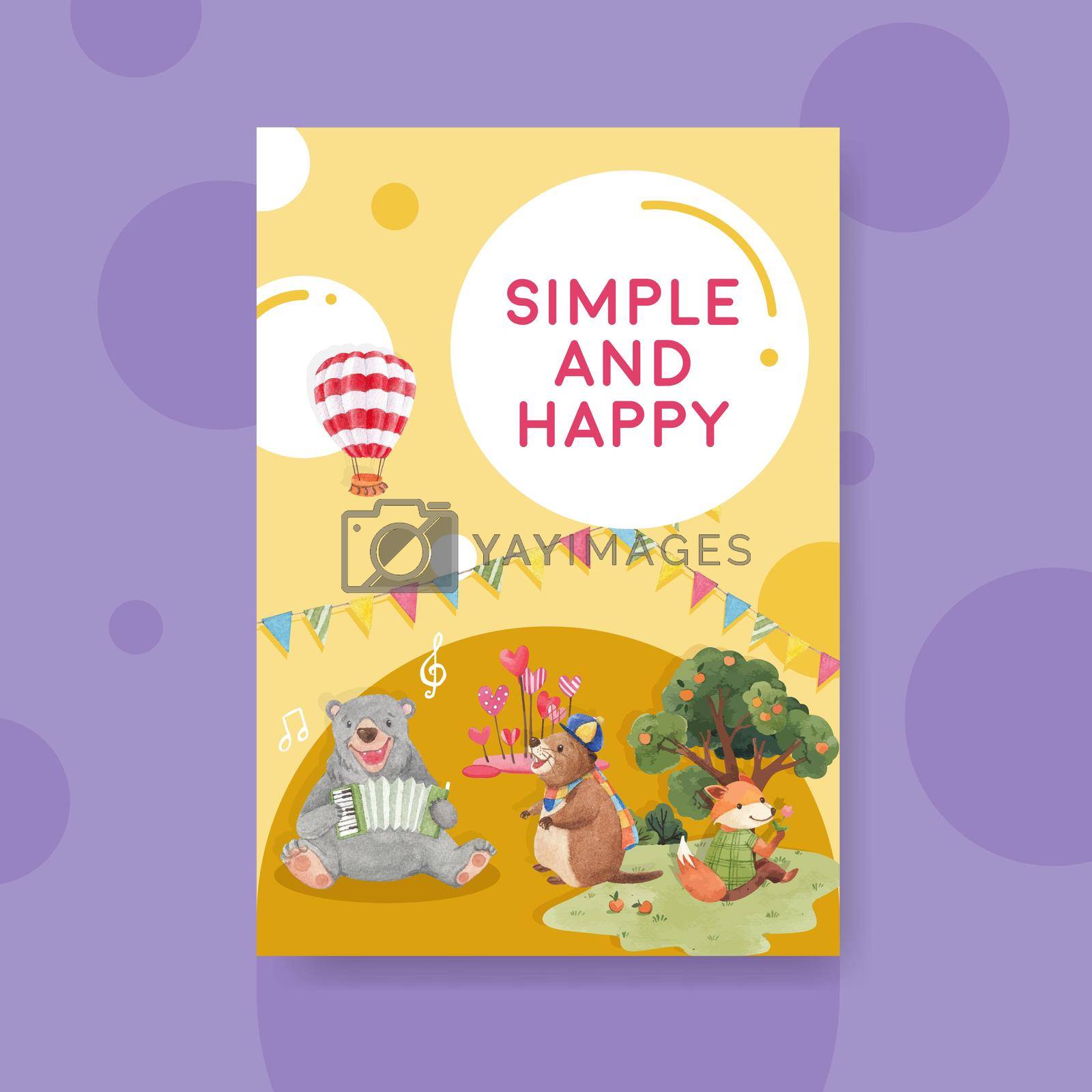 Poster template with happy animals concept design watercolor illustration
