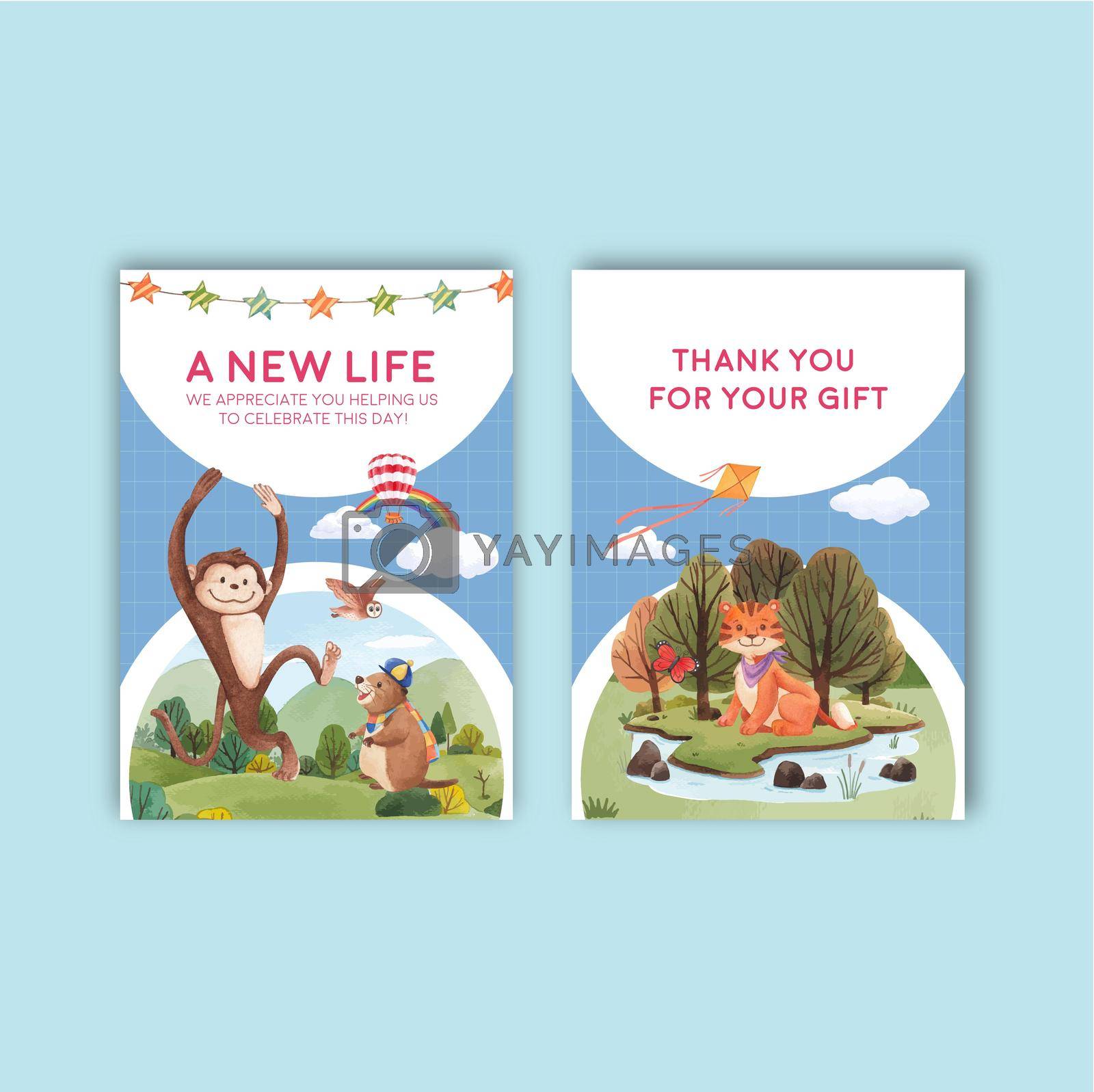  Card template with happy animals concept design watercolor illustration
