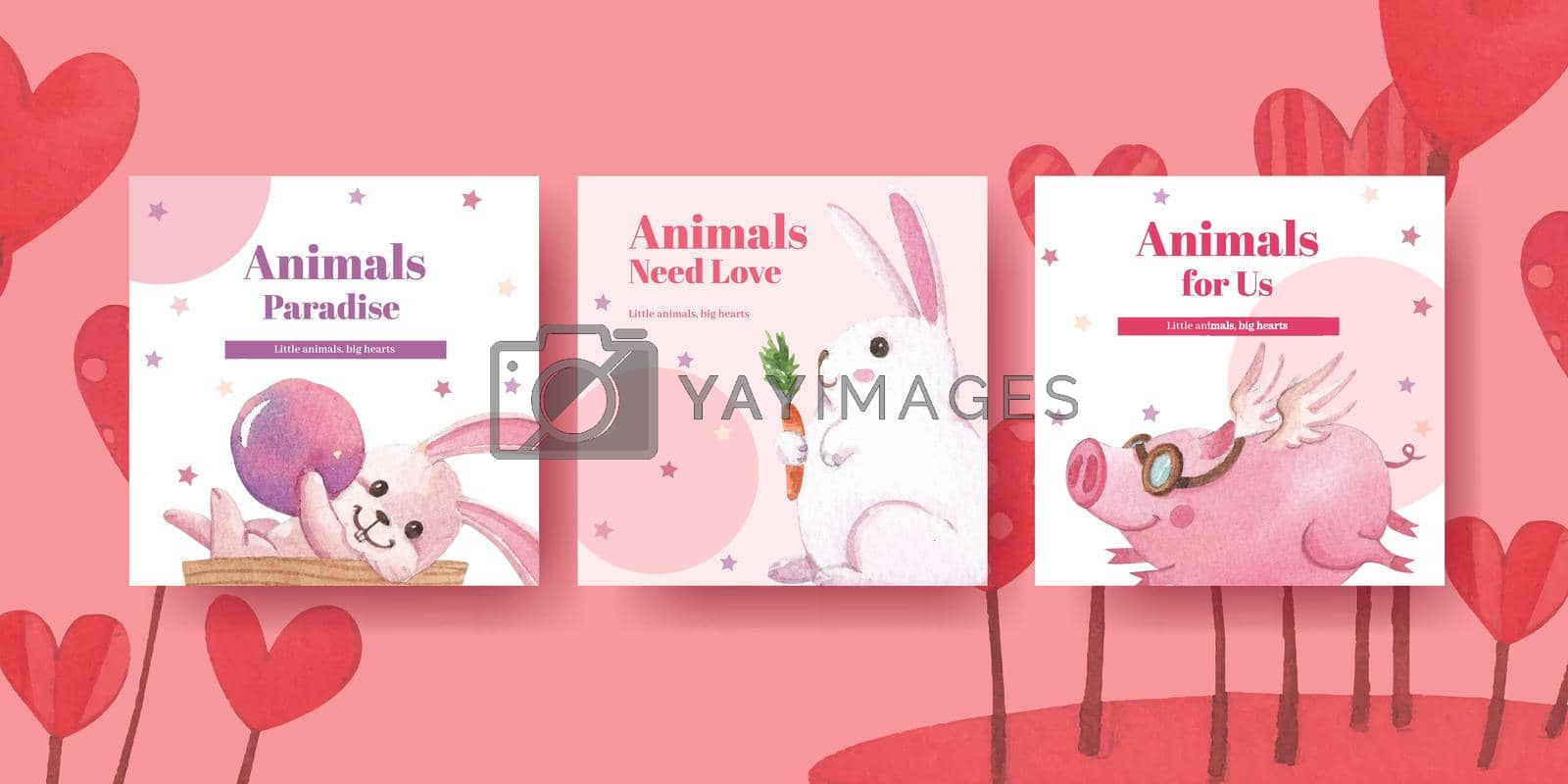Advertise template with happy animals concept design watercolor illustration
