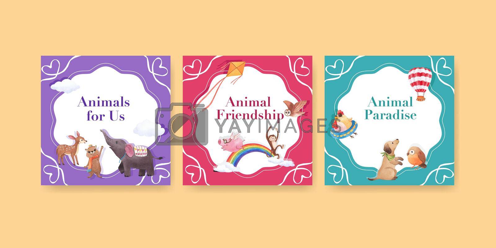 Advertise template with happy animals concept design watercolor illustration
