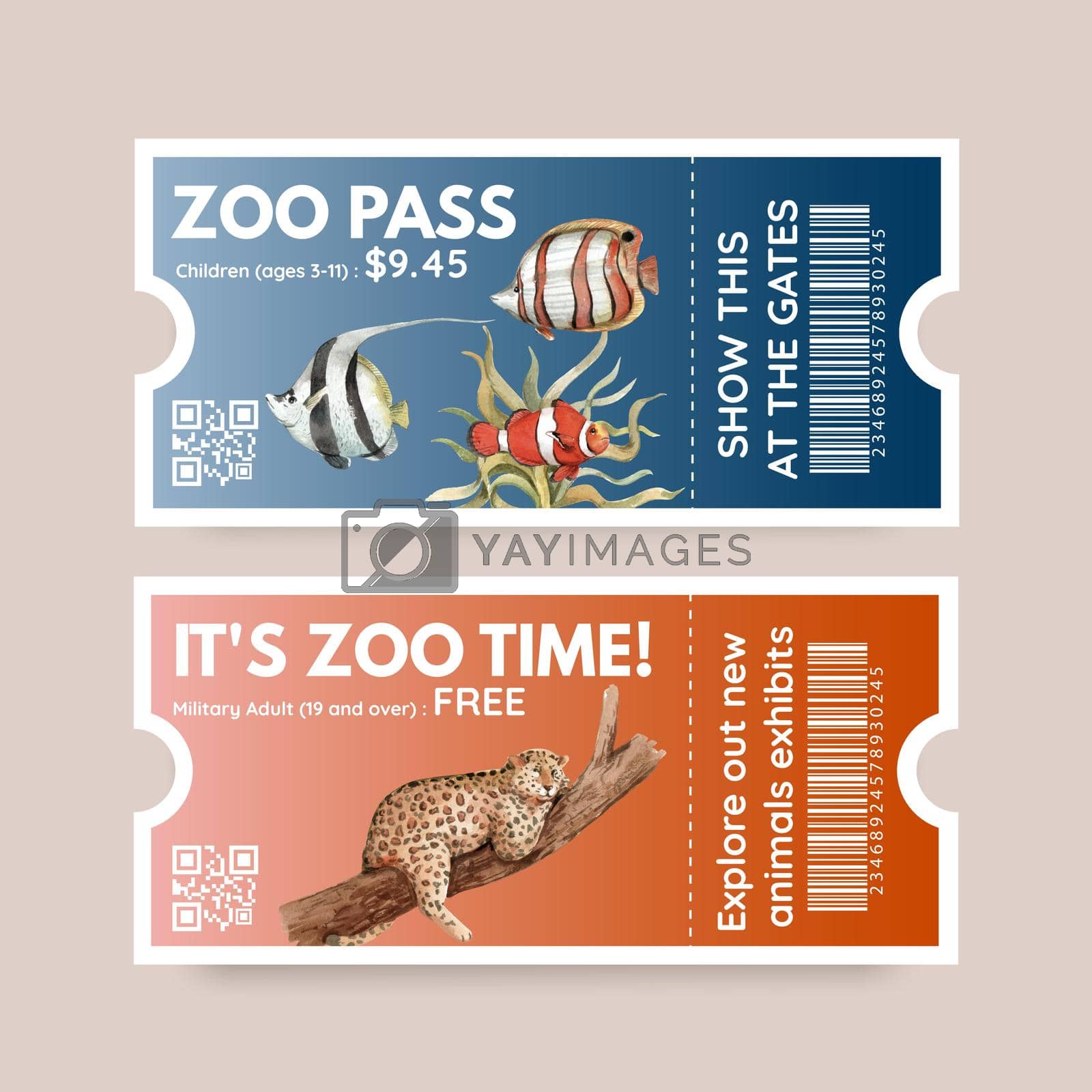 Royalty free image of Ticket template with biodiversity as natural wildlife species or fauna protection concept,watercolor style by Photographeeasia
