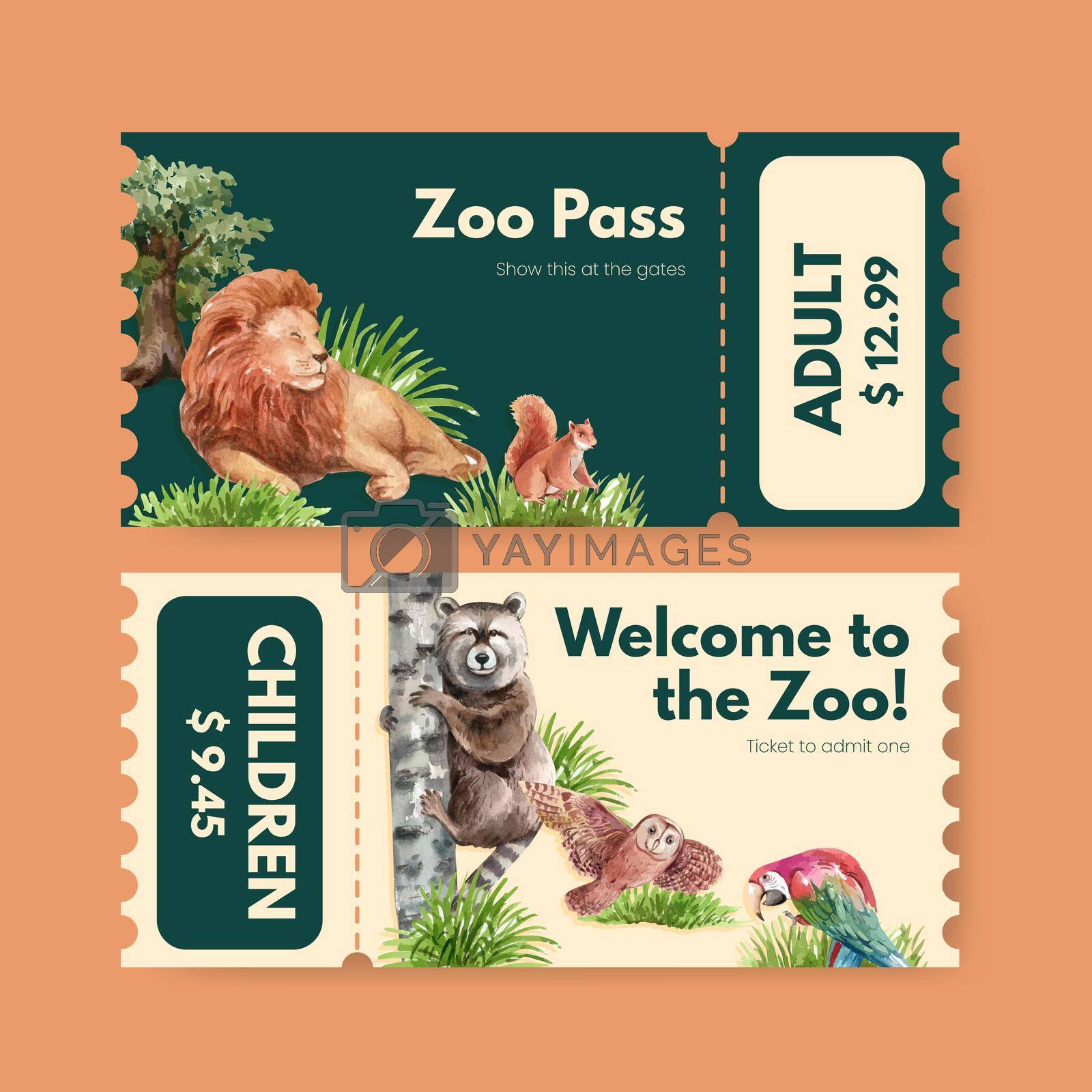 Royalty free image of Ticket template with biodiversity as natural wildlife species or fauna protection concept,watercolor style by Photographeeasia