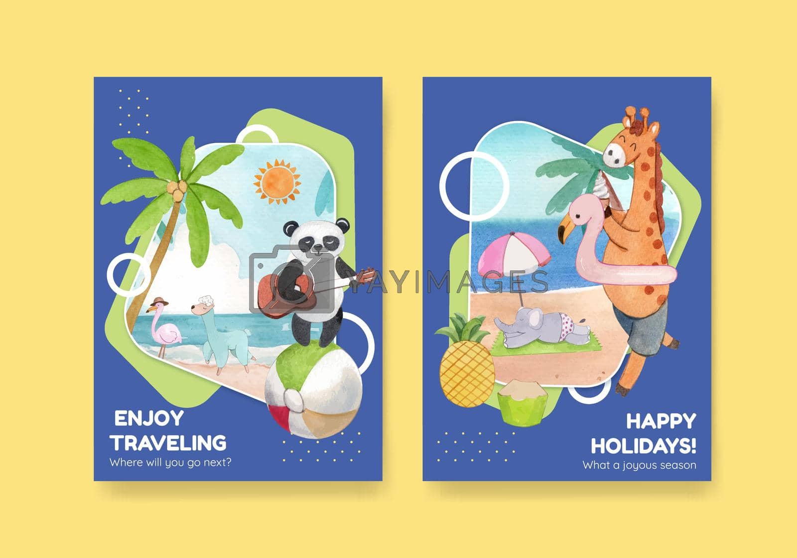 Card template with animals summer concept,watercolor style
