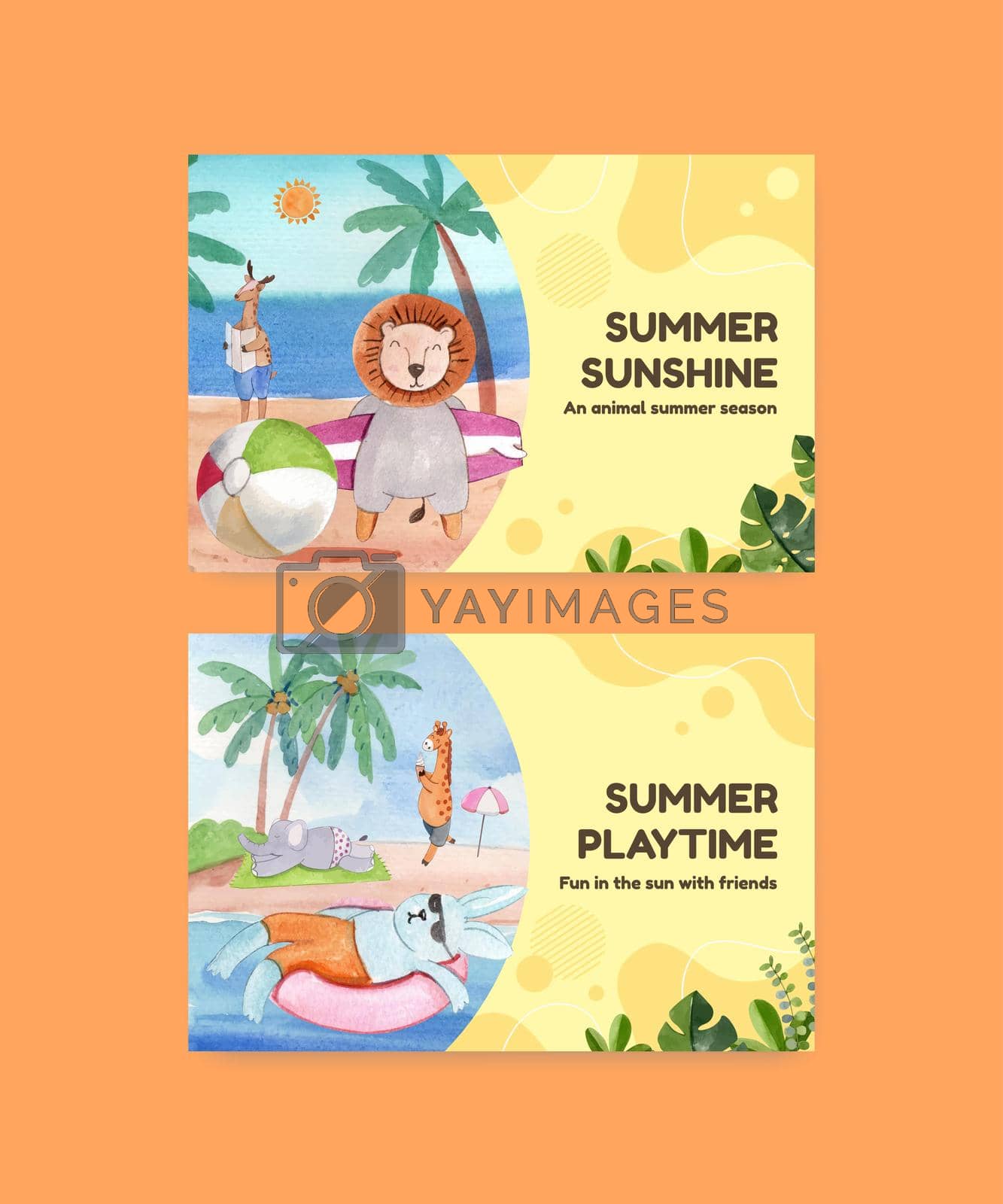 Facebook template with animals summer concept,watercolor style
