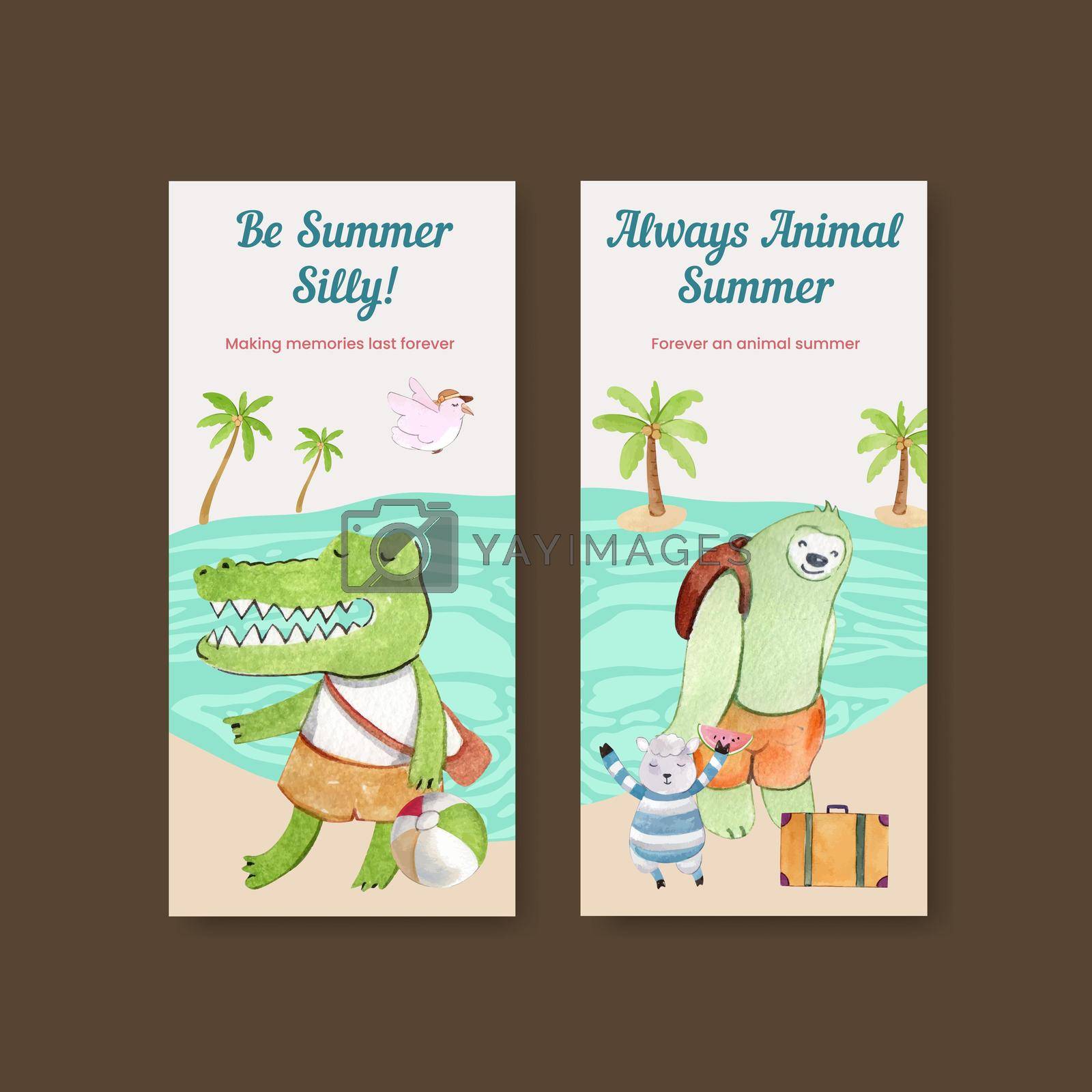 Flyer template with animals summer concept,watercolor style

