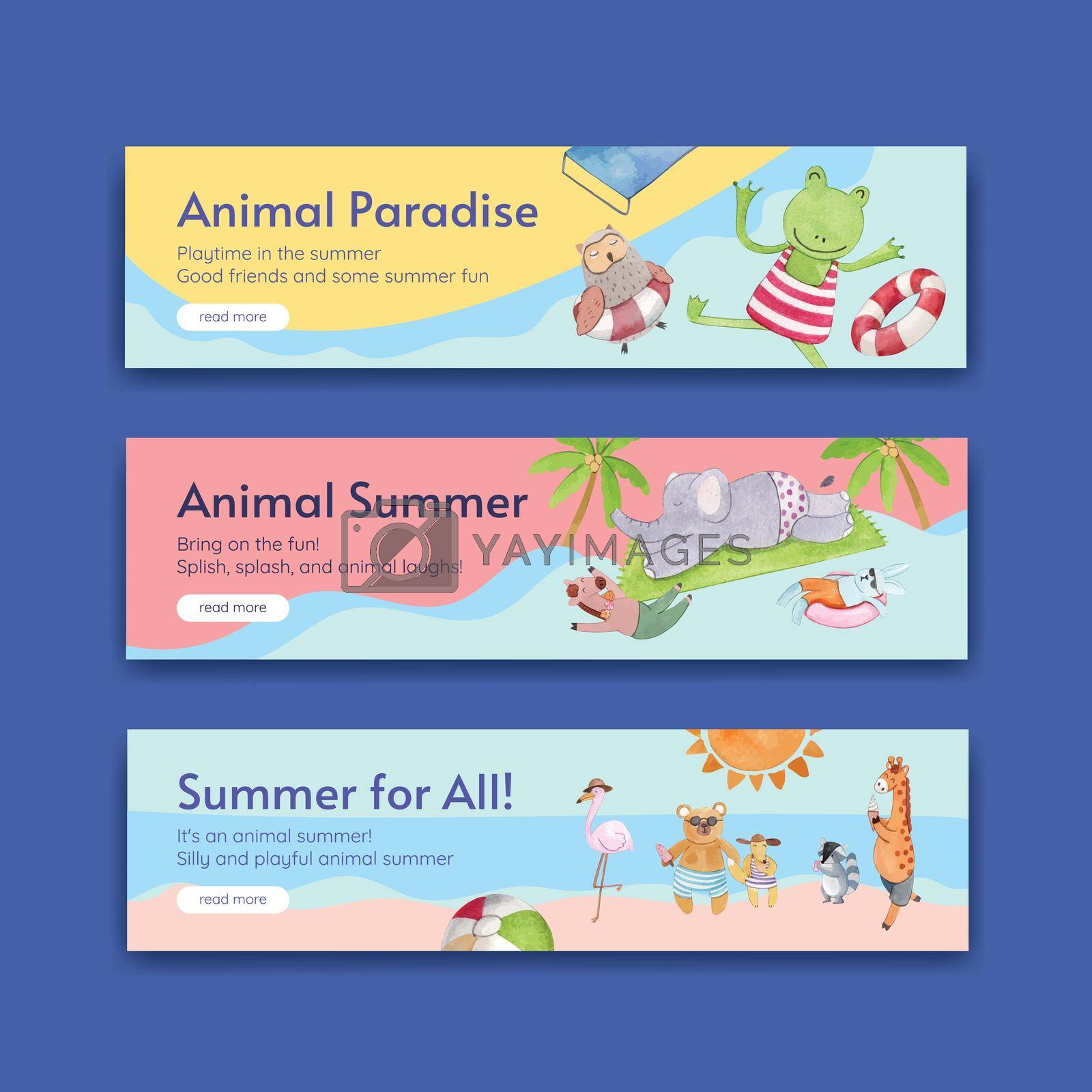Banner template with animals summer concept,watercolor style
