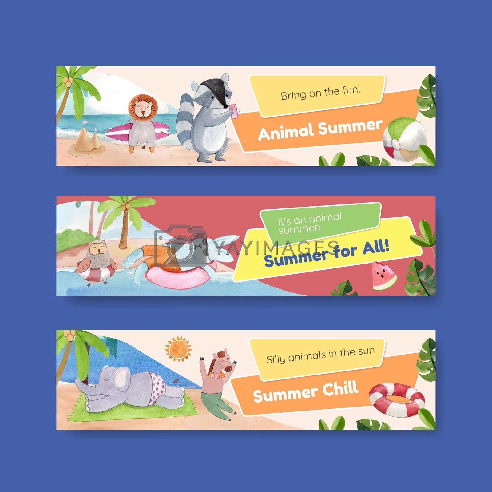 Banner template with animals summer concept,watercolor style
