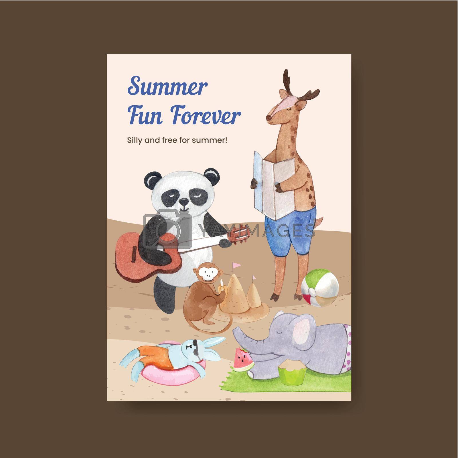 Poster template with animals summer concept,watercolor style
