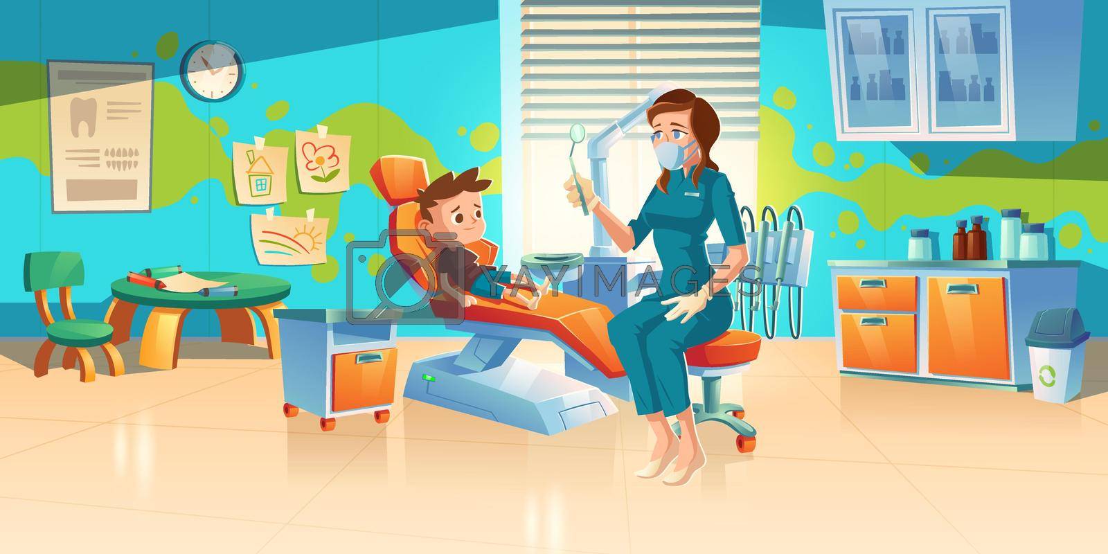 Child at dentist office. Little boy patient at dental clinic for kids, female doctor in medic robe and mask sitting at chair with mirror for teeth and oral cavity checkup. Cartoon vector illustration