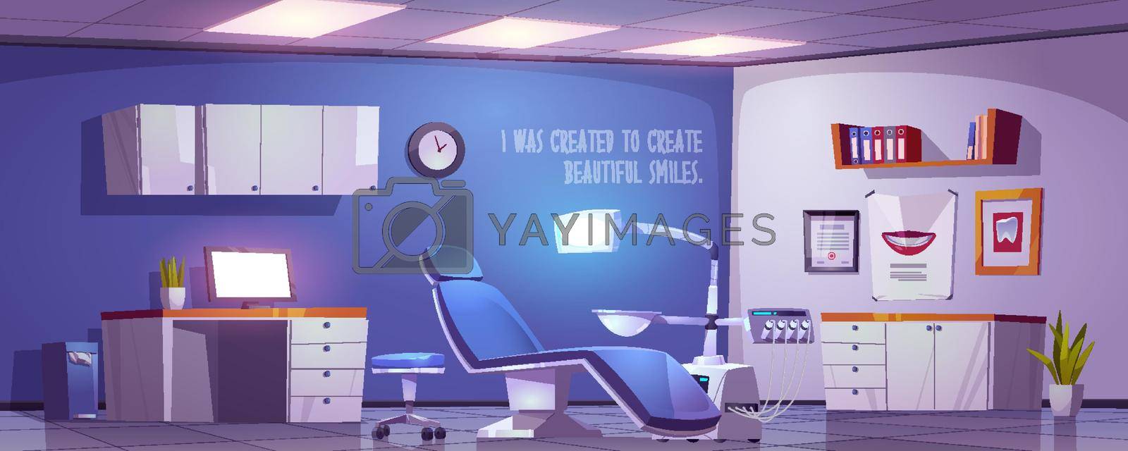 Dentist office, dental clinic practice room interior, stomatology cabinet, orthodontist workplace with modern chair equipped with integrated engine and surgical light unit, cartoon vector illustration